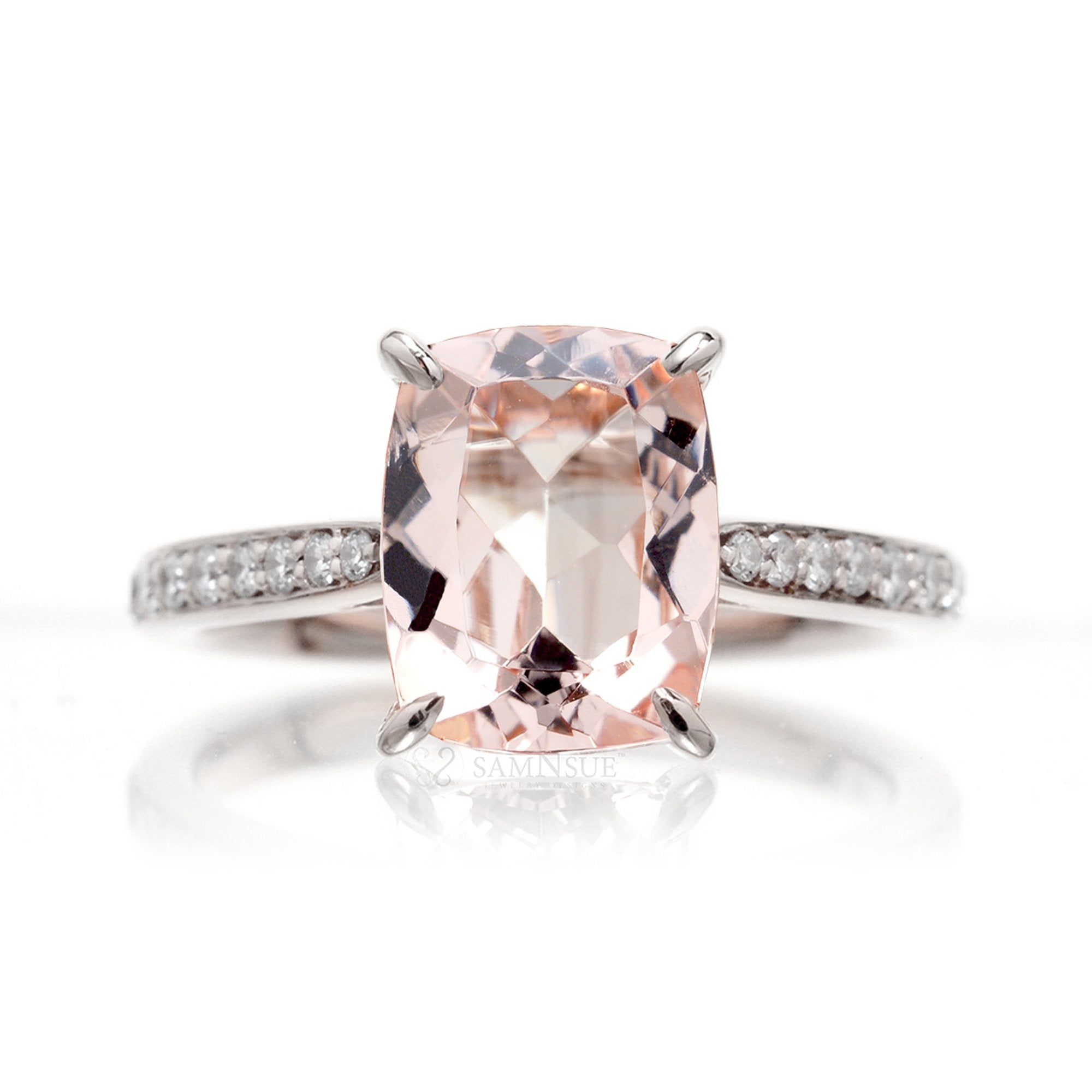 Cushion morganite ring with diamond band in white gold
