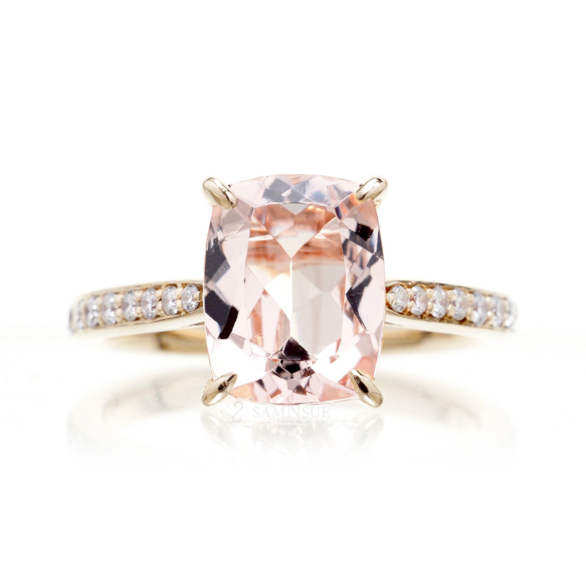 Cushion morganite ring with diamond band in yellow gold