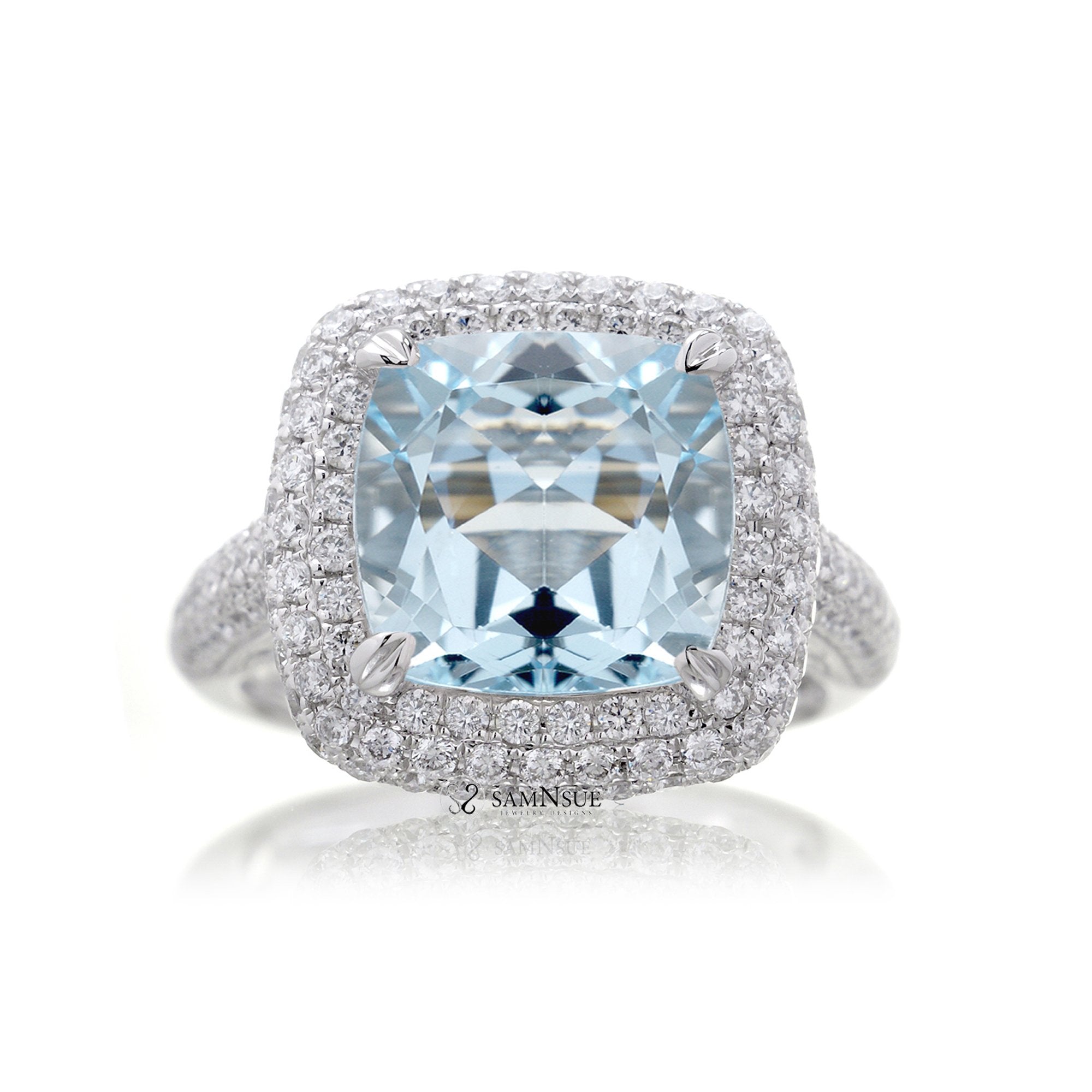 Cushion aquamarine micro pave dome diamond halo three dimensional ring white gold