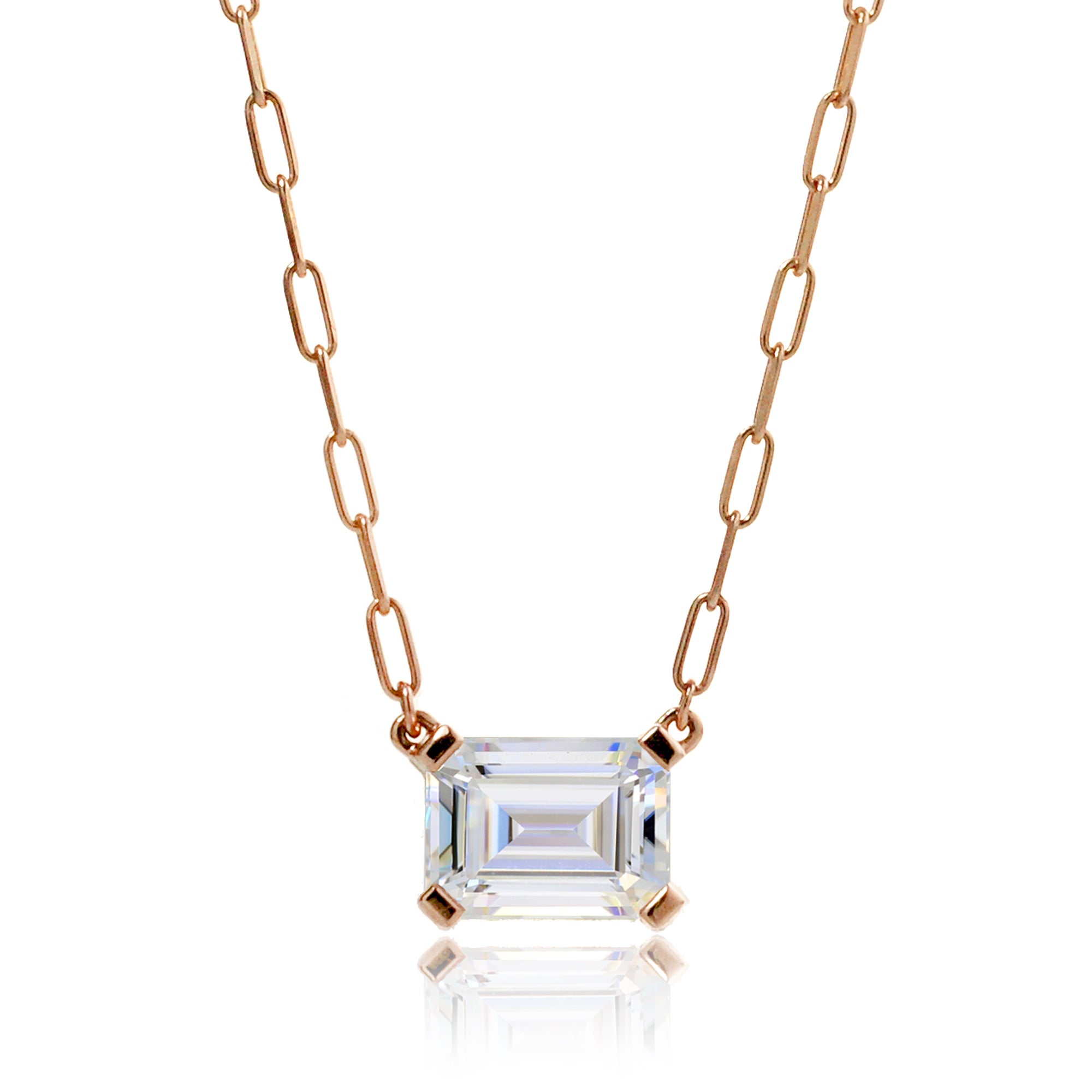 14k rose gold solitaire moissanite emerald cut paper clip chain