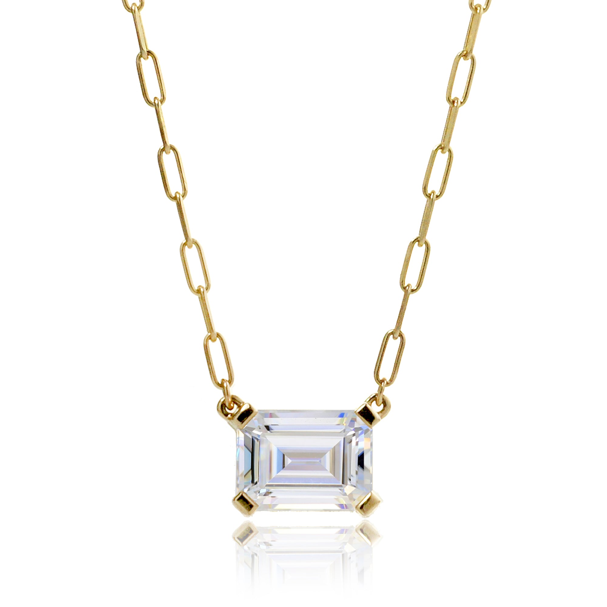 14k yellow gold solitaire moissanite emerald cut paper clip chain