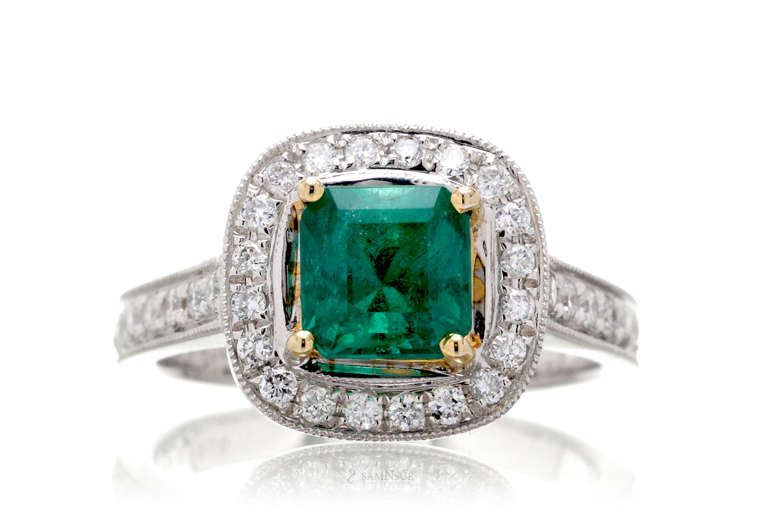 Square Green Emerald Ring Vintage Diamond Engagement Setting