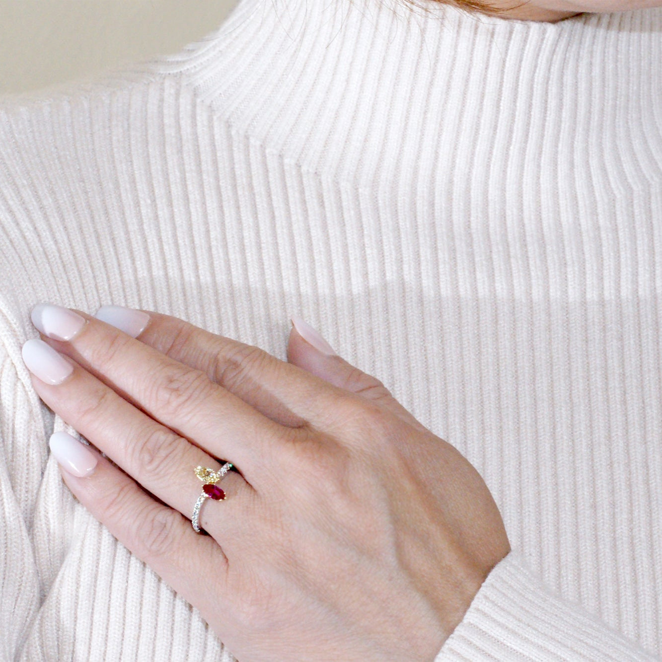 Toi et moi marquise diamond and ruby wave ring in white gold