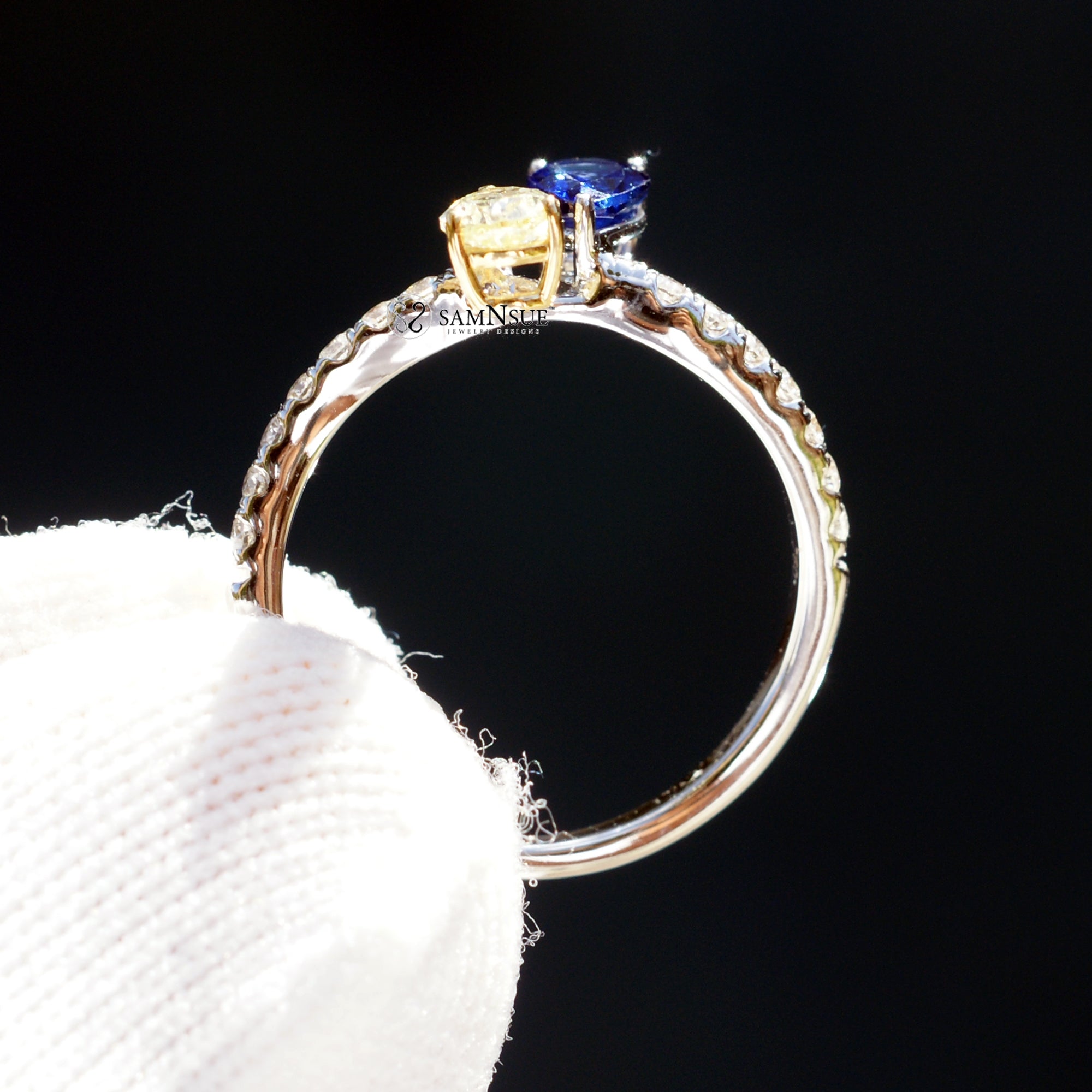 Toi et Moi Blue Sapphire Fancy Yellow Diamond Ring in white gold