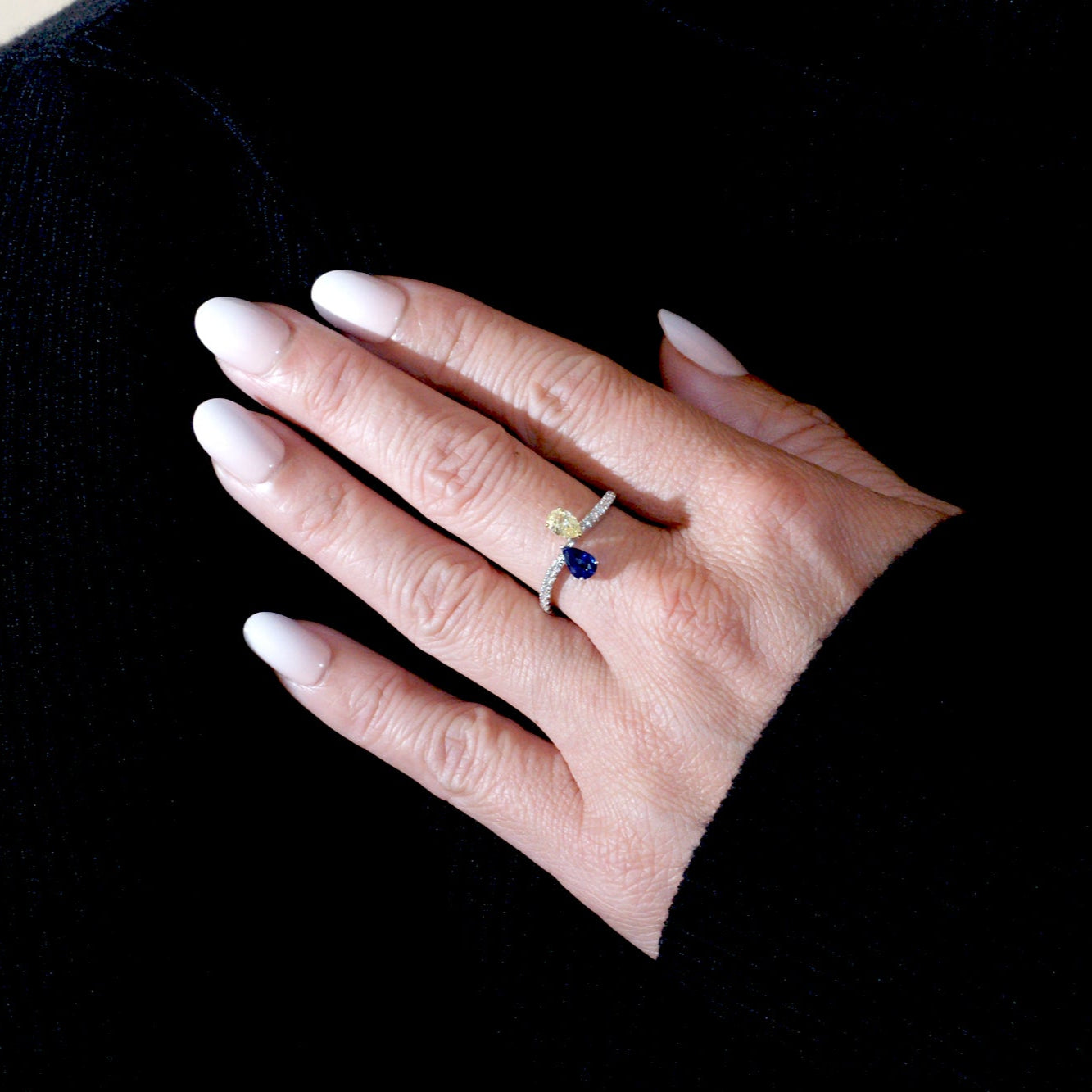 Toi et Moi Blue Sapphire Fancy Yellow Diamond Ring in white gold