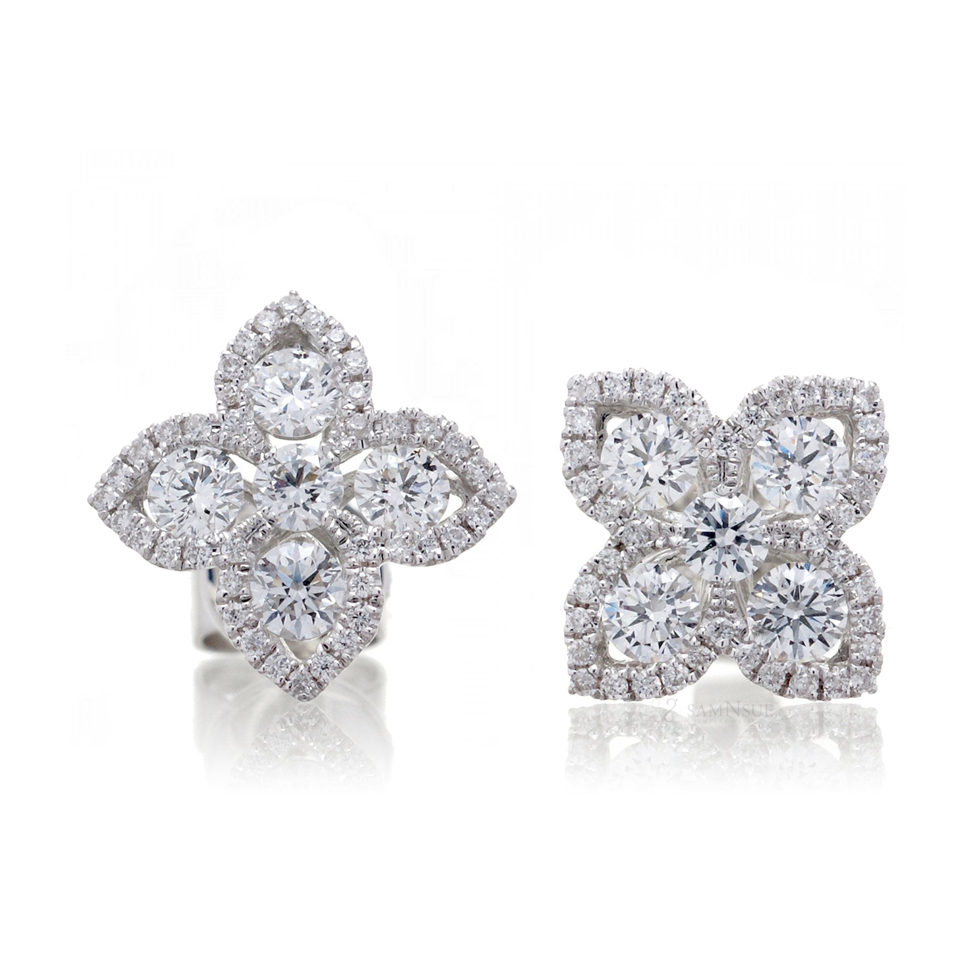 Four leaf clover diamond halo stud earrings in white gold