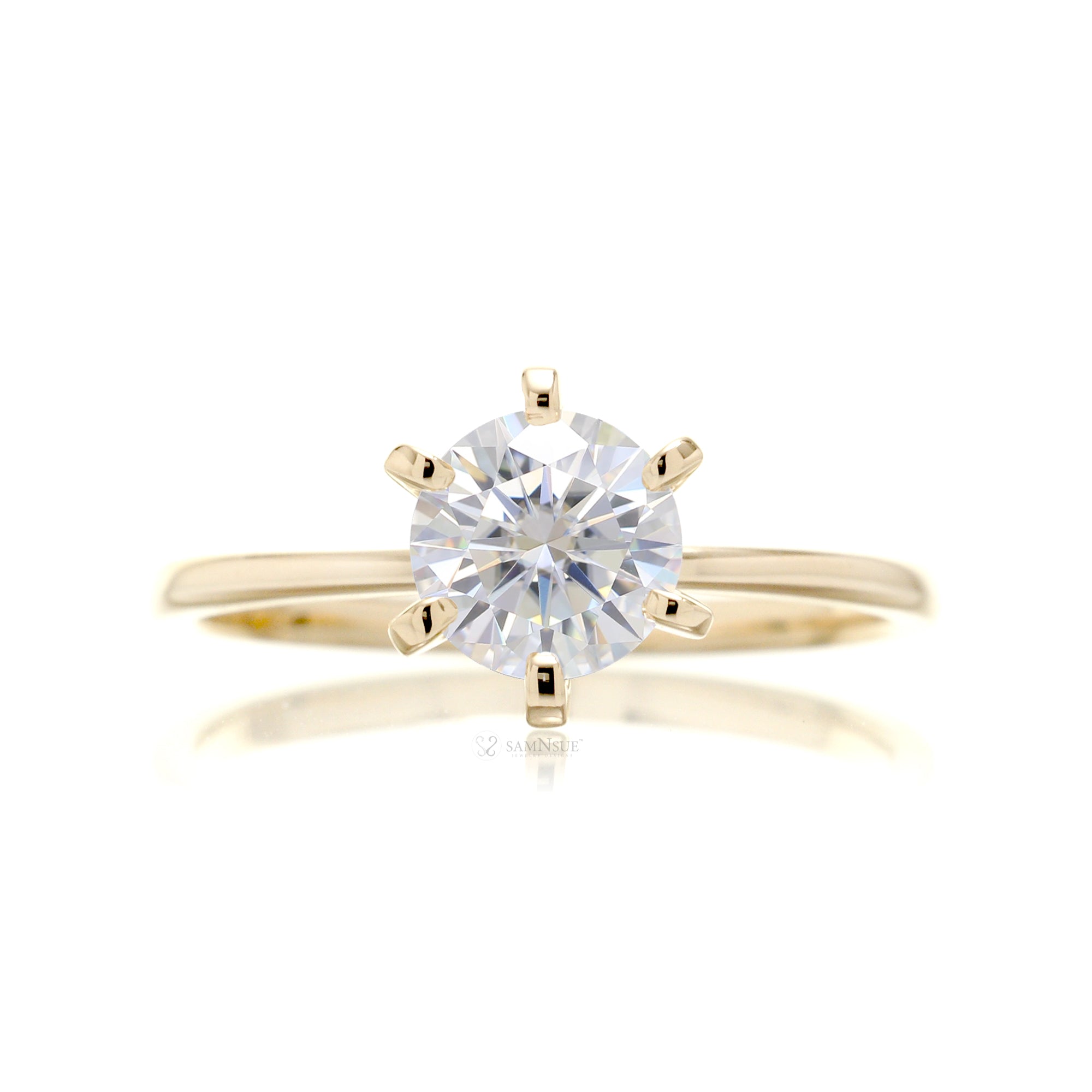 Solitaire Round Brilliant Diamond Engagement Ring Six Prongs Yellow Gold