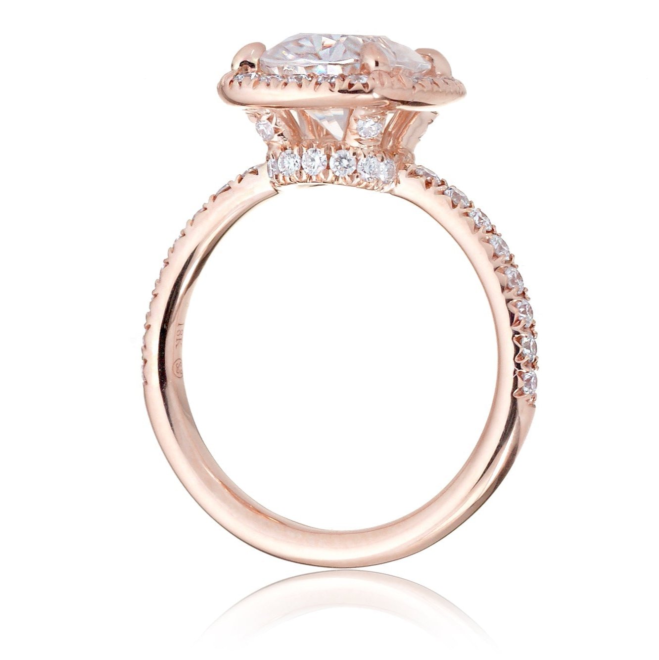 Cushion cut diamond engagement ring with halo The Drenched rose gold side view