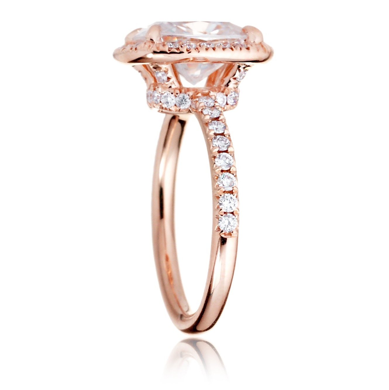 Cushion cut diamond engagement ring with halo The Drenched rose gold profile view