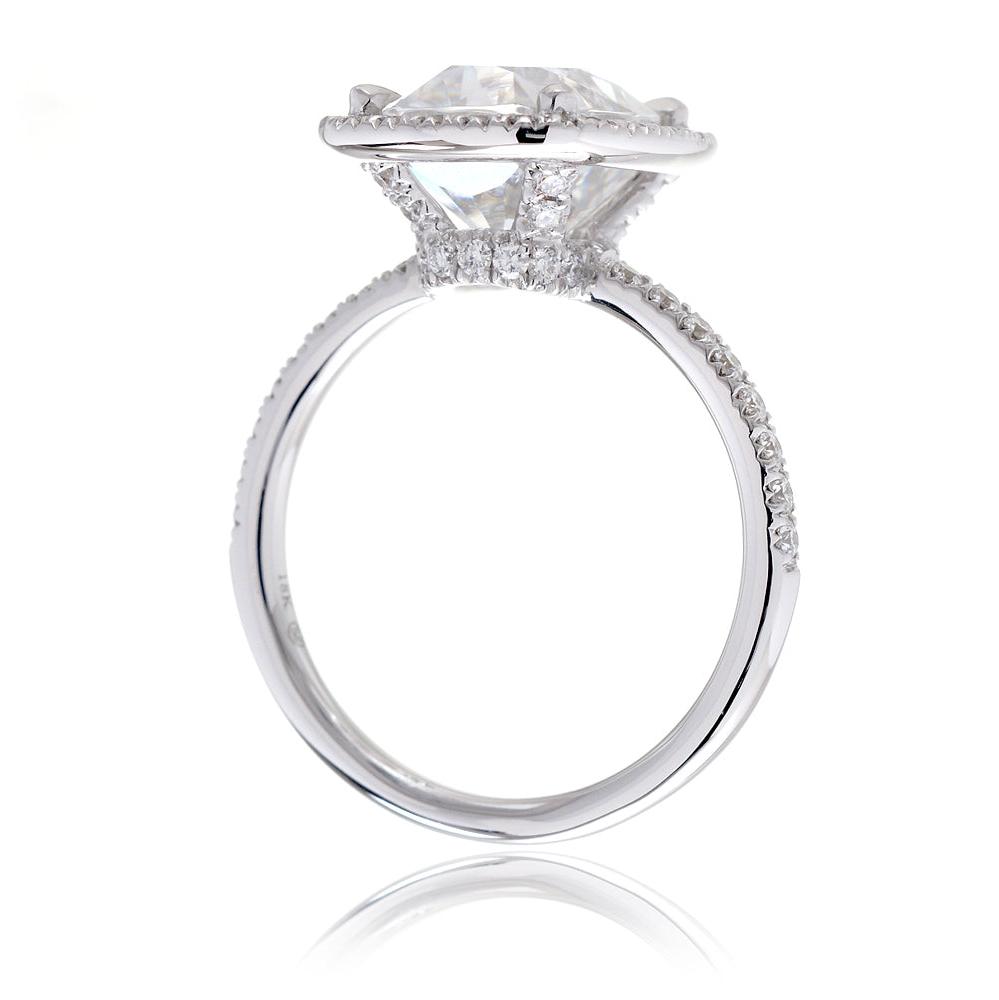 Cushion cut diamond engagement ring with halo The Drenched white gold side view