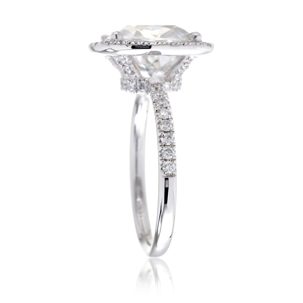 Cushion cut diamond engagement ring with halo The Drenched white gold profile view