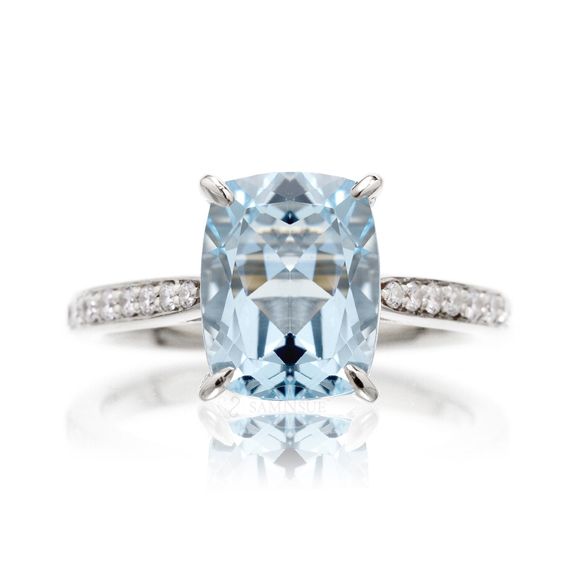 Cushion aquamarine diamond band engagement ring in white gold - the Emily