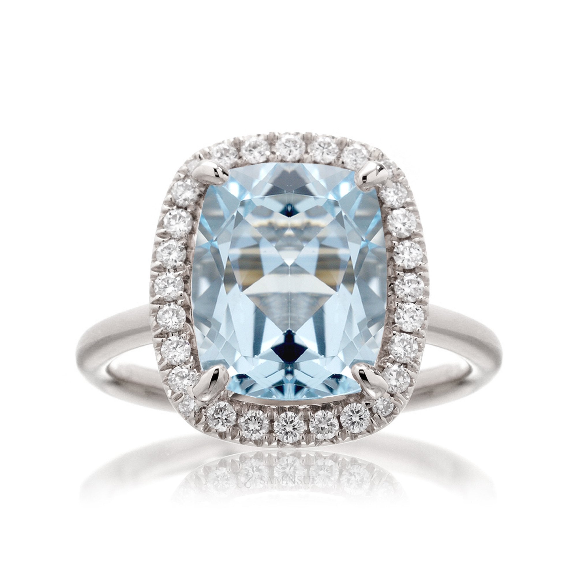 Cushion cut aquamarine ring with a diamond halo and comfort fit band the Drenched white gold solid band