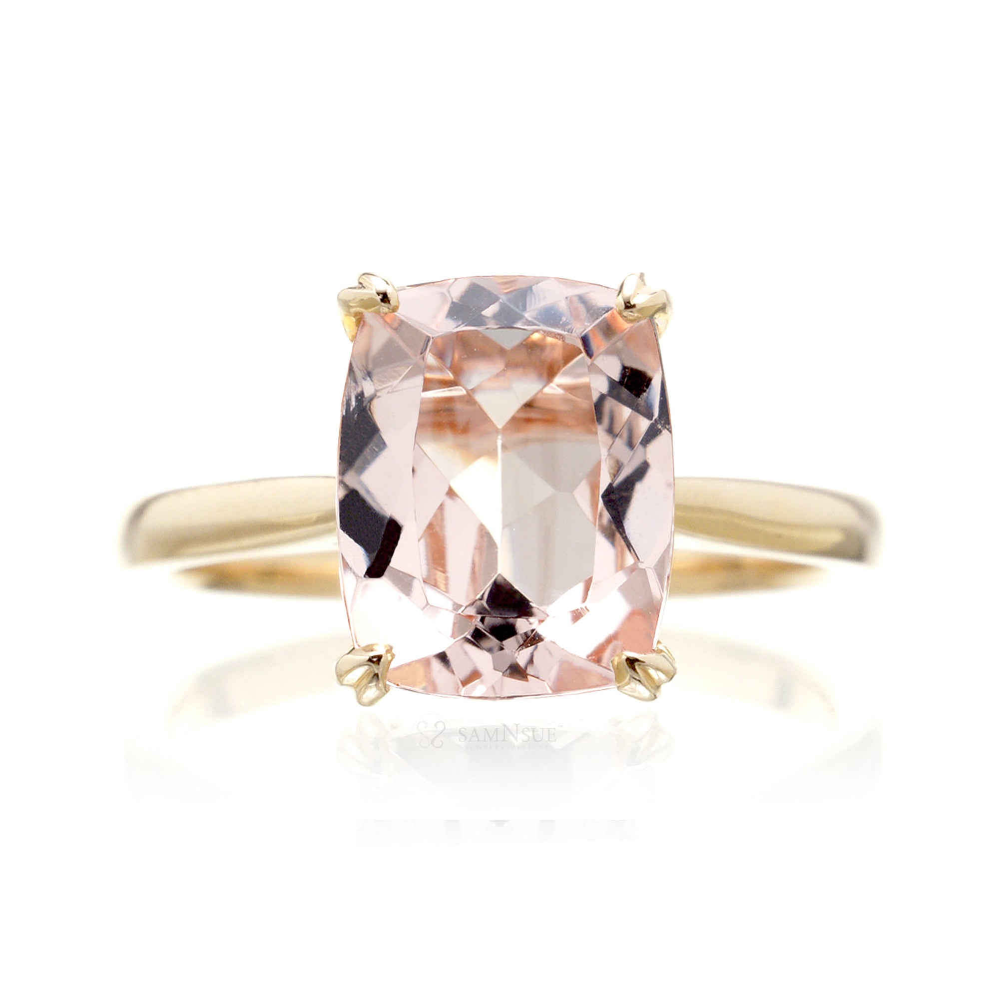 Cushion morganite solitaire engagement ring in yellow gold