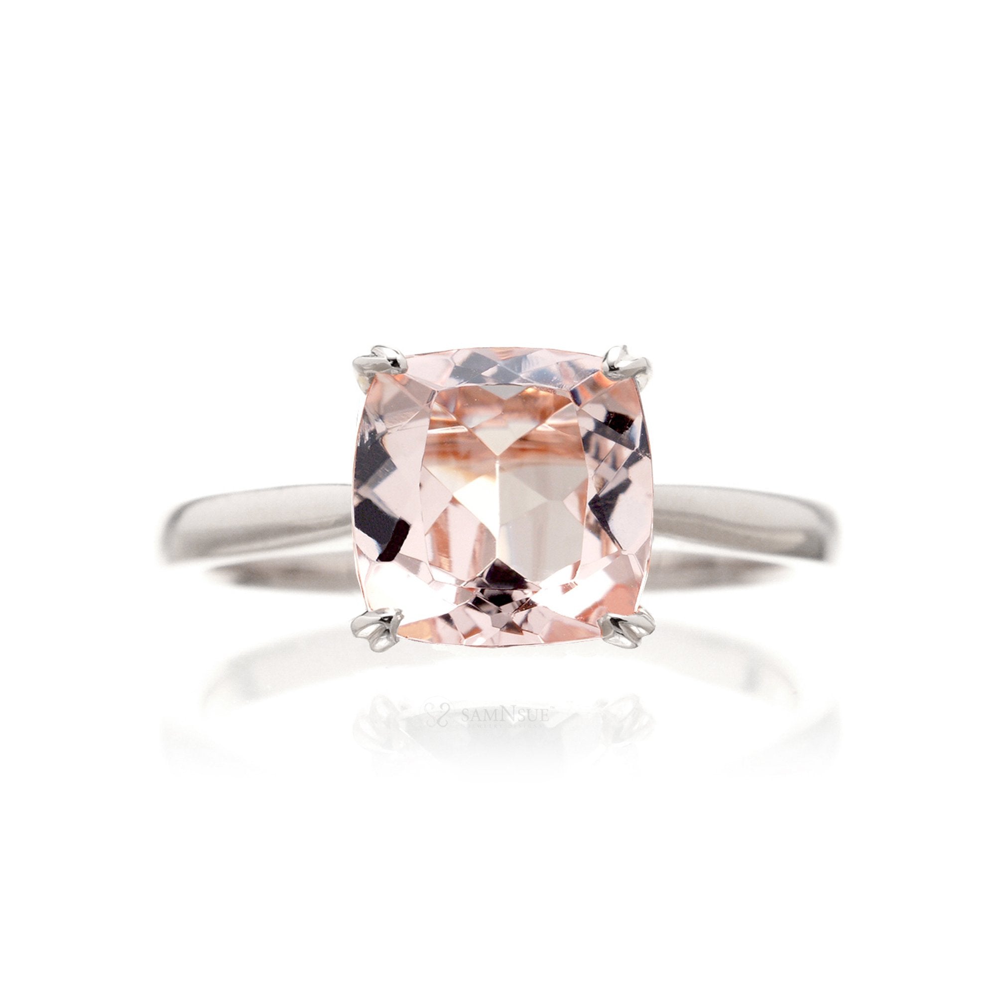 Solitaire morganite square cushion engagement ring in white gold