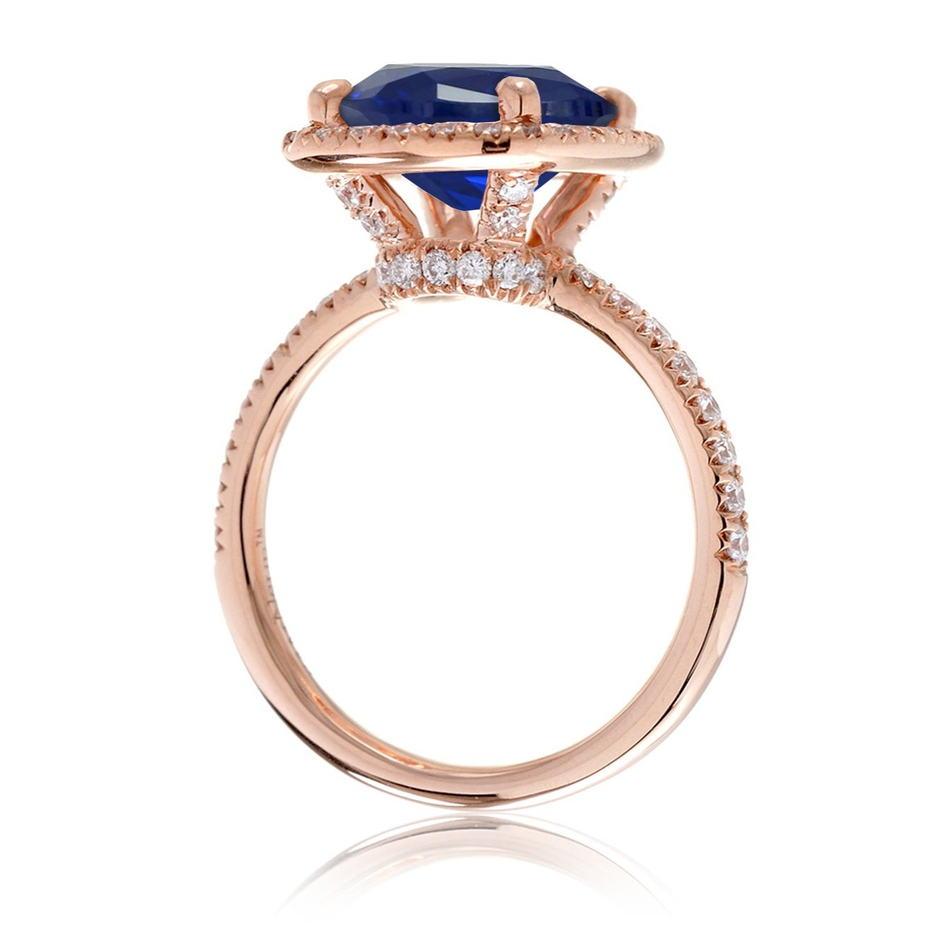 Blue sapphire ring with diamond halo The Drenched engagement rose gold side view