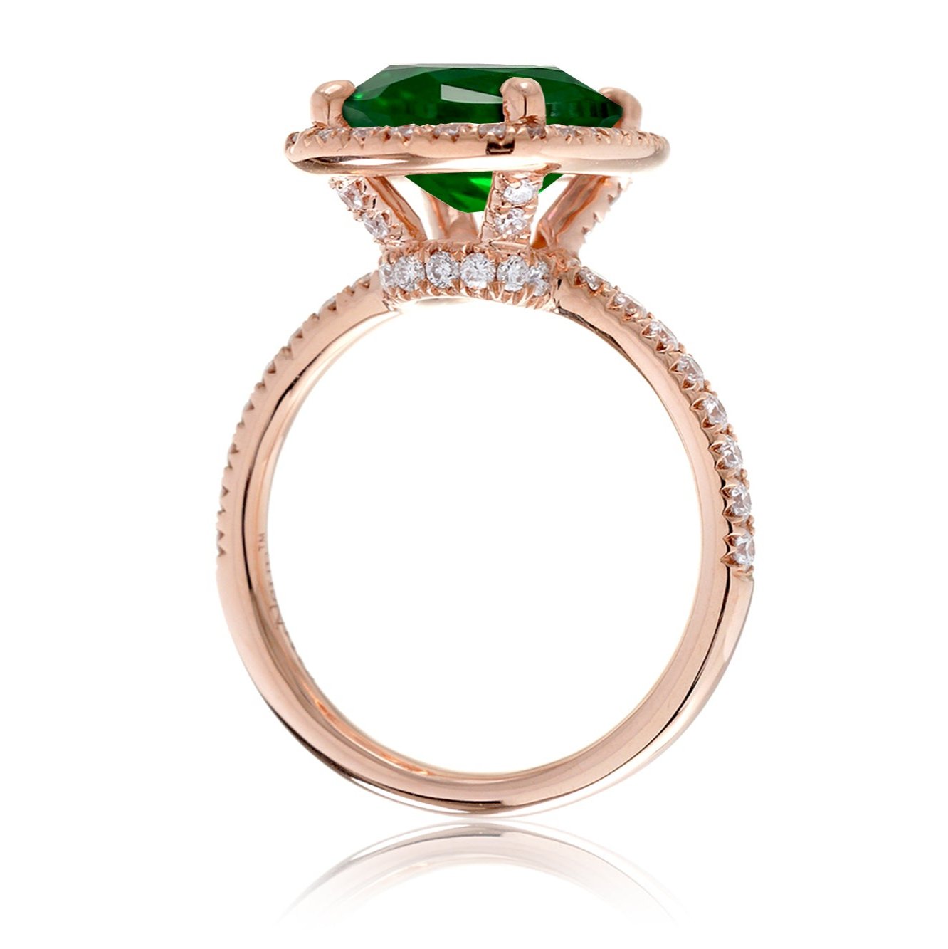 Cushion cut emerald engagement ring The Drenched rose gold side view