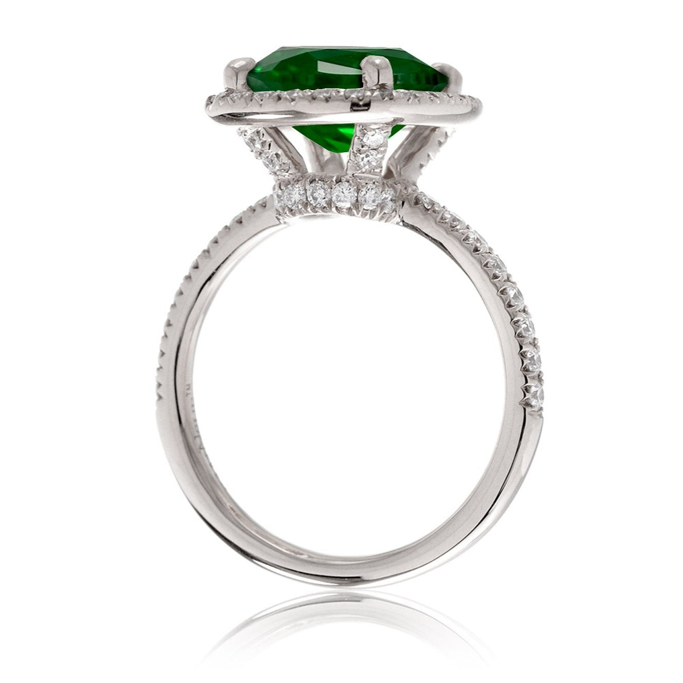 Cushion cut emerald engagement ring The Drenched white gold side view