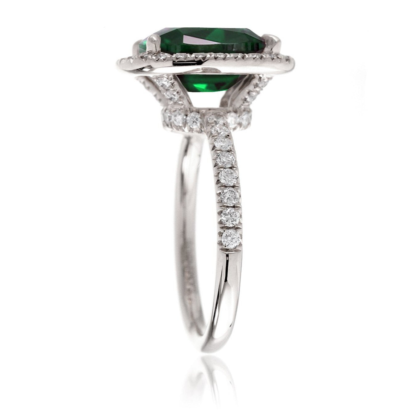 Cushion cut emerald engagement ring The Drenched white gold profile view