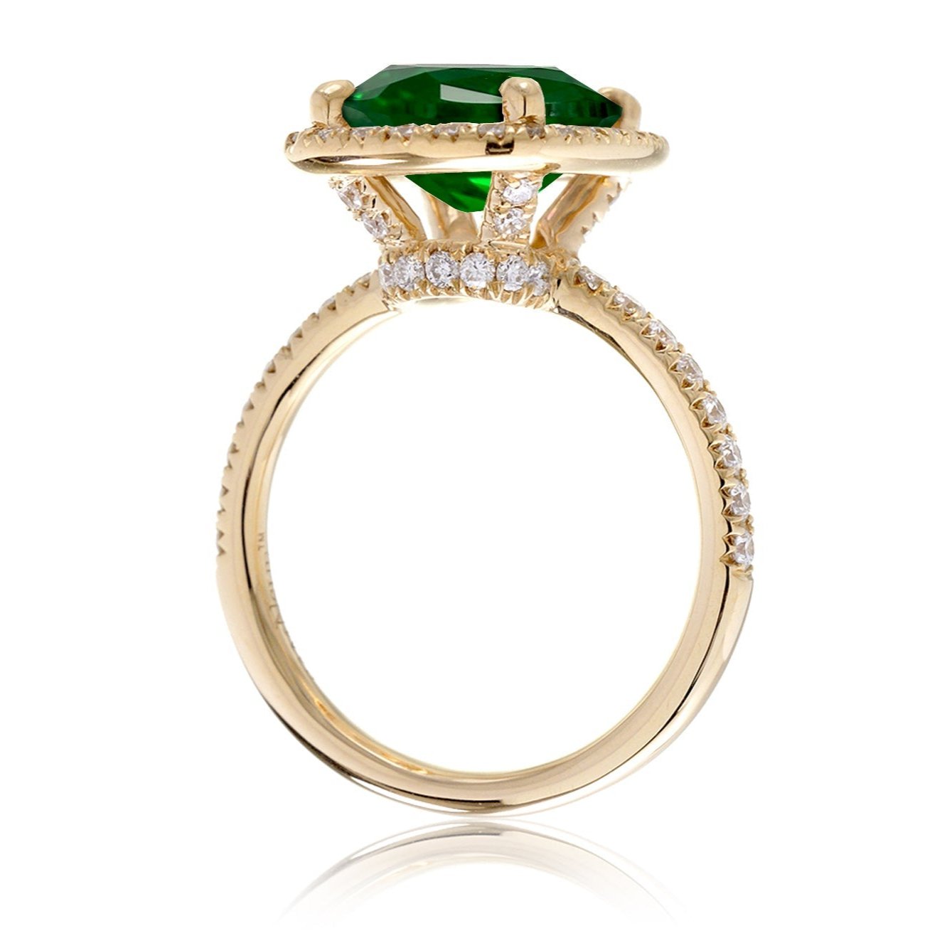 Green emerald engagement ring with emerald cut center stone diamond halo the Drenched yellow gold