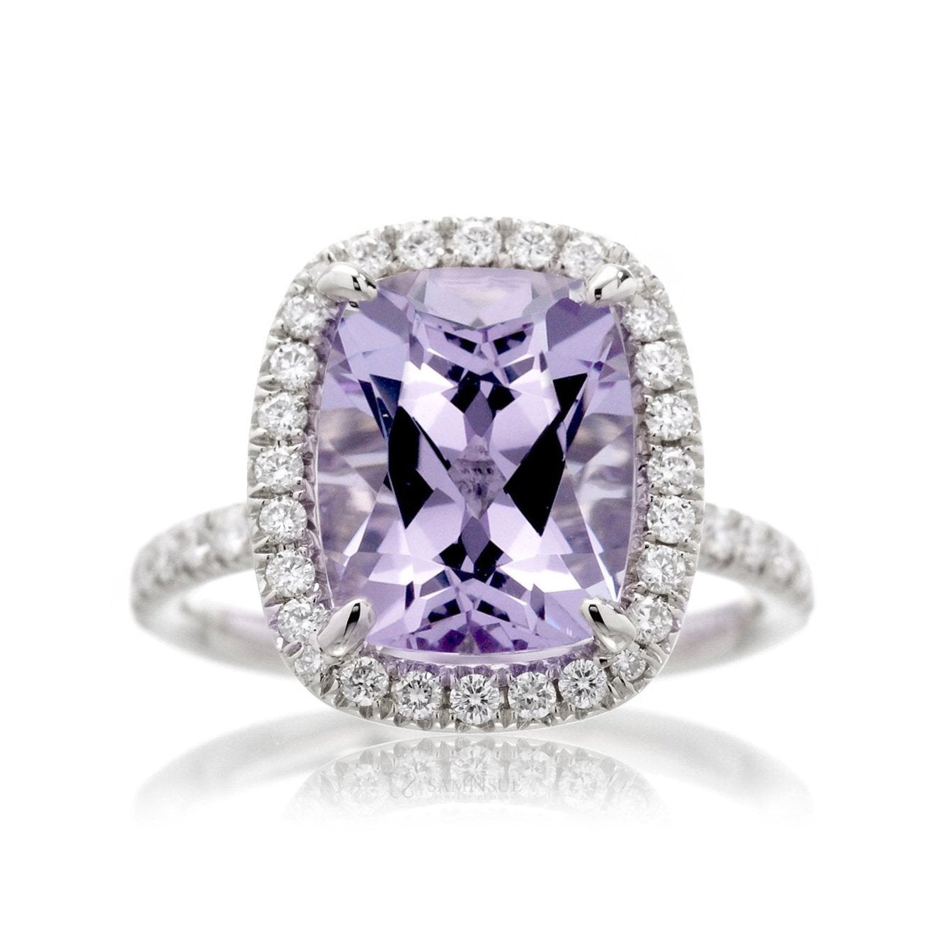 Rose de France Amethyst engagement ring with halo The drenched white gold