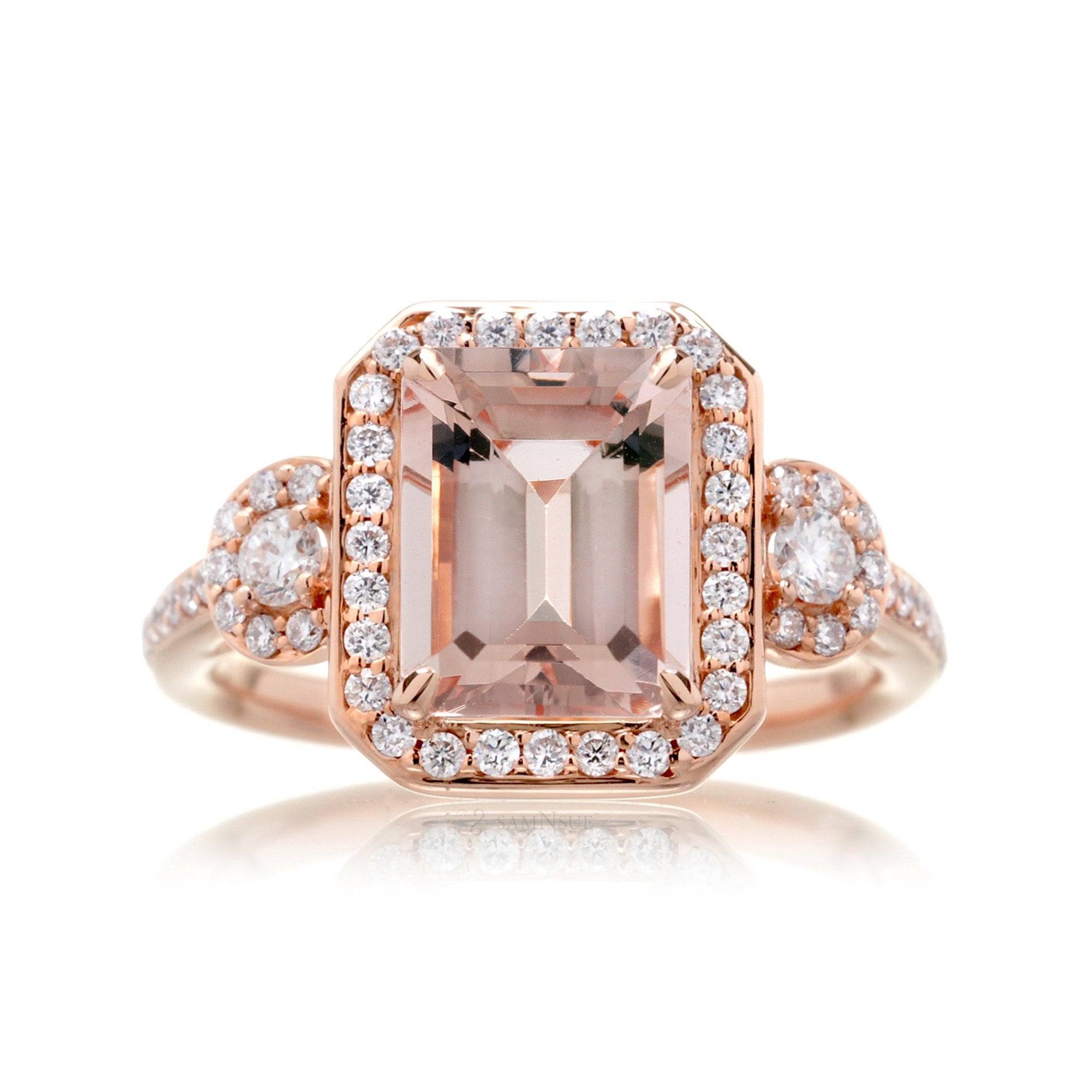 Emerald cut morganite diamond halo ring three stone Nancy rose gold