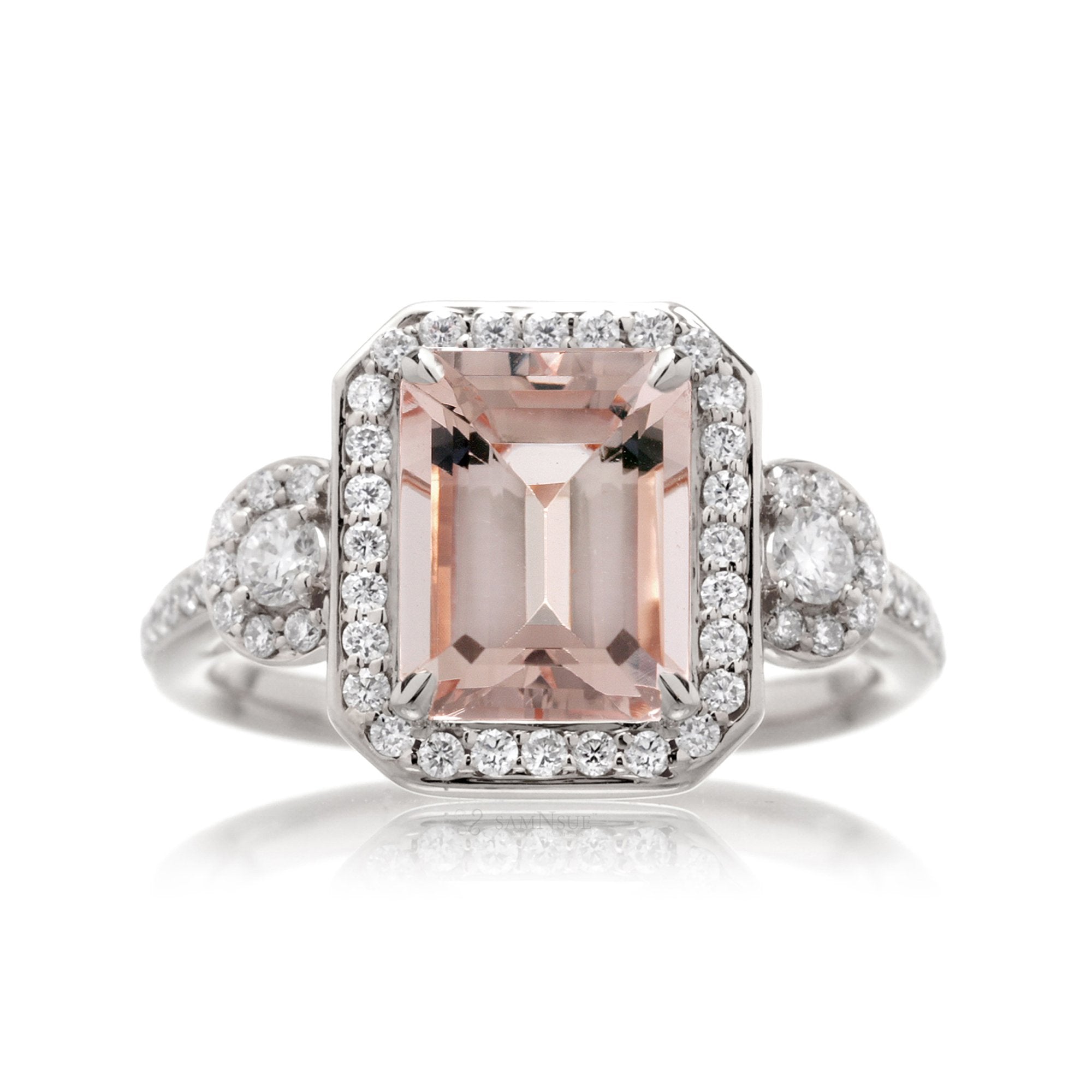 Emerald cut morganite diamond halo ring three stone Nancy white gold