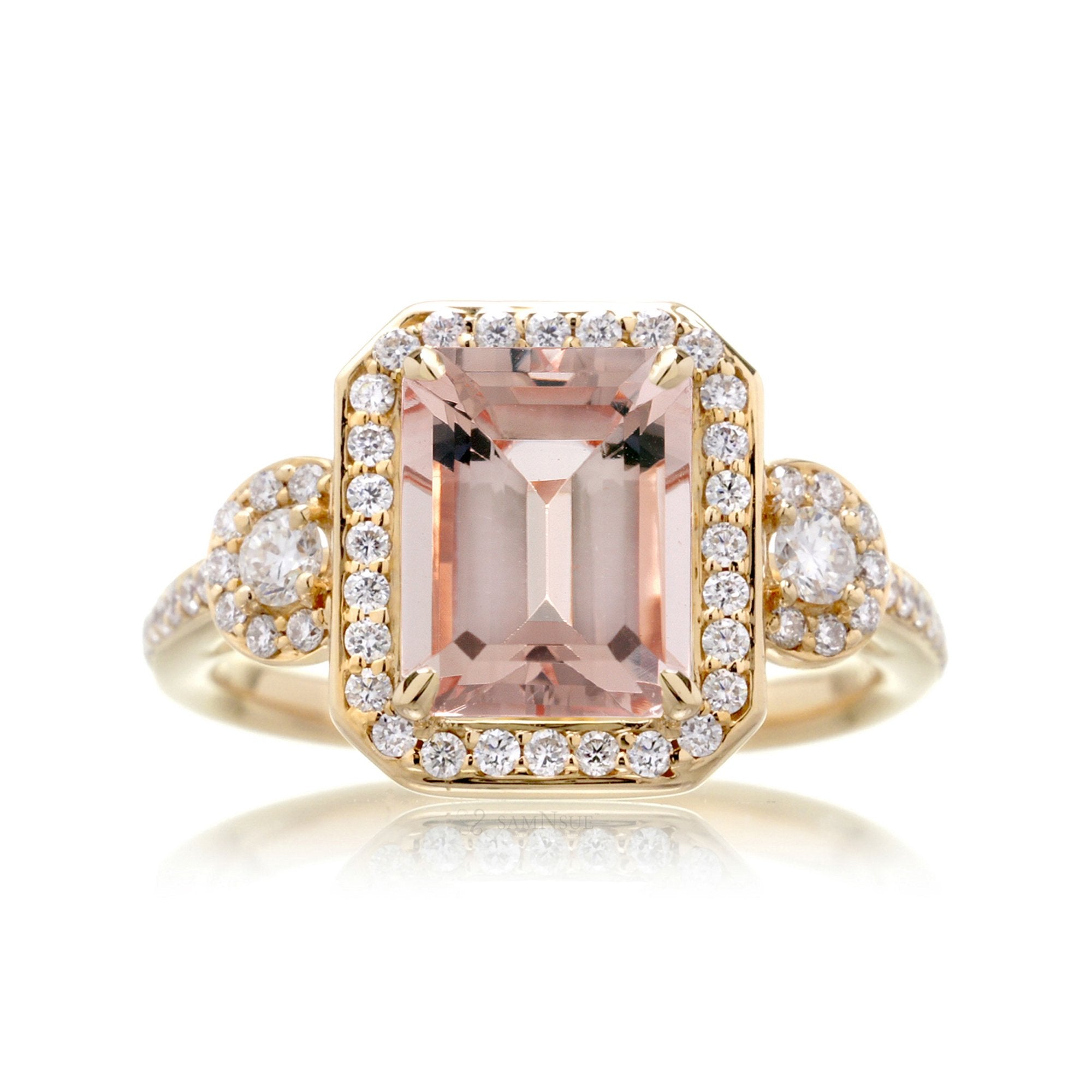 Emerald cut morganite diamond halo ring three stone Nancy yellow gold