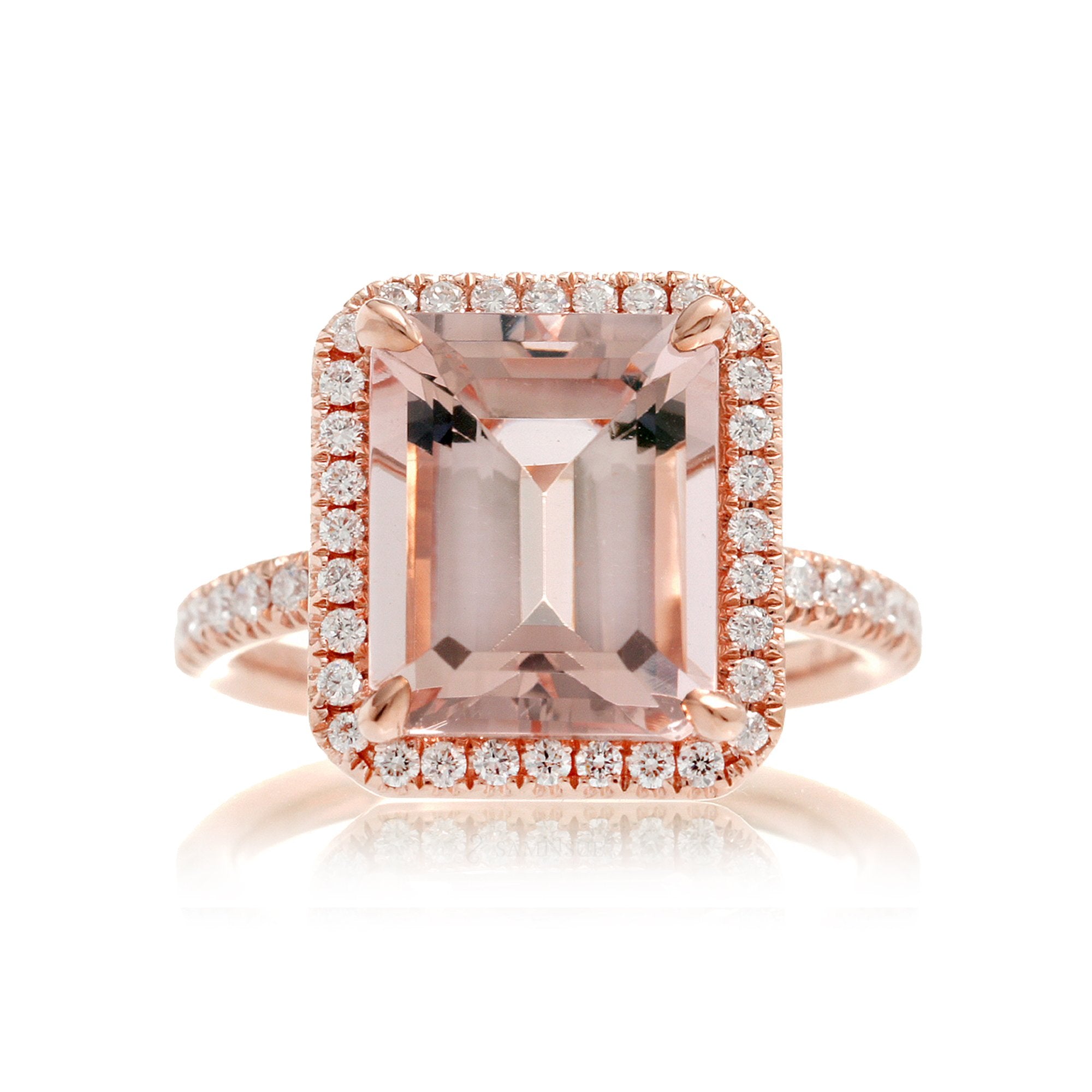 Morganite ring emerald cut diamond halo the Drenched rose gold