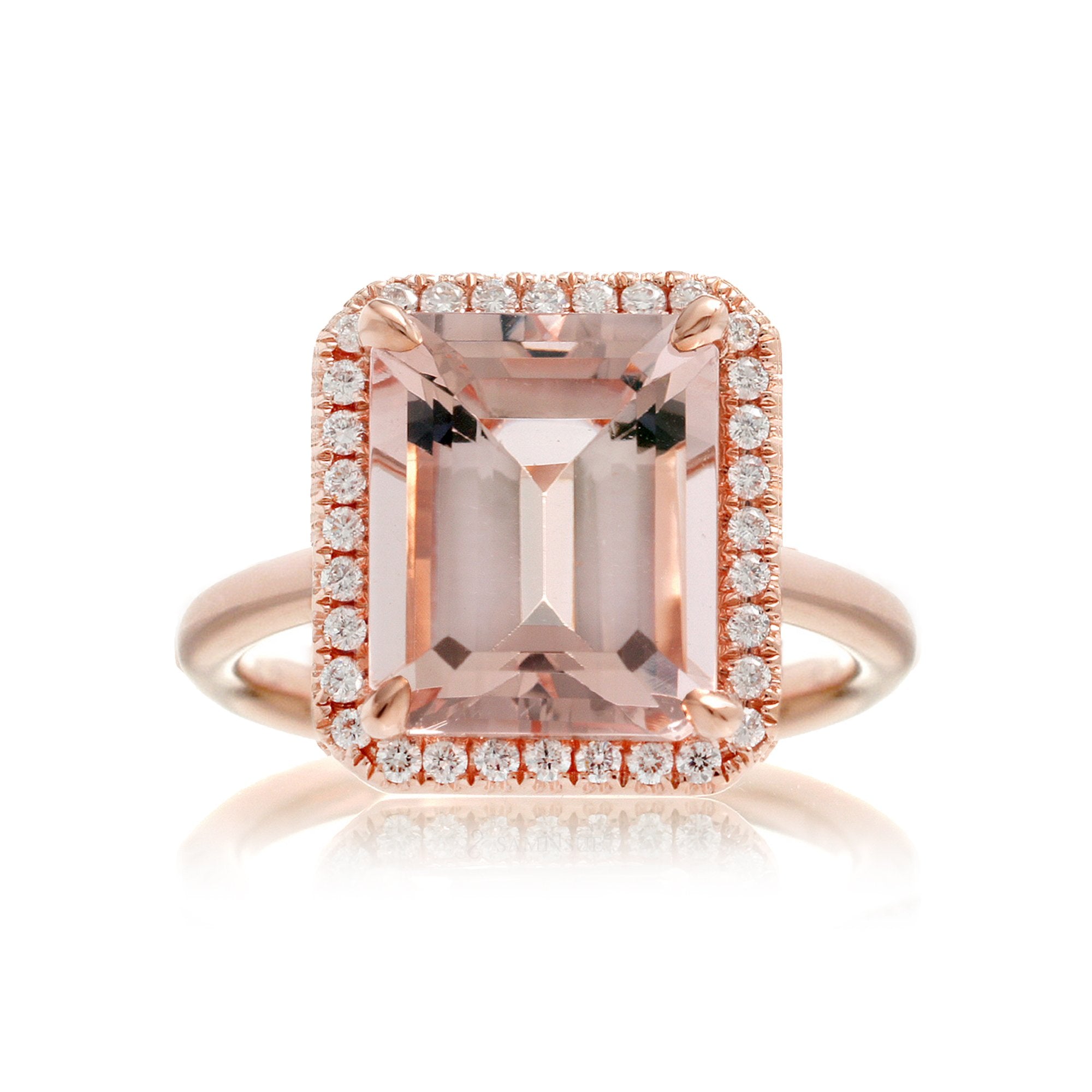 Morganite ring emerald cut diamond halo the Drenched rose gold solid band