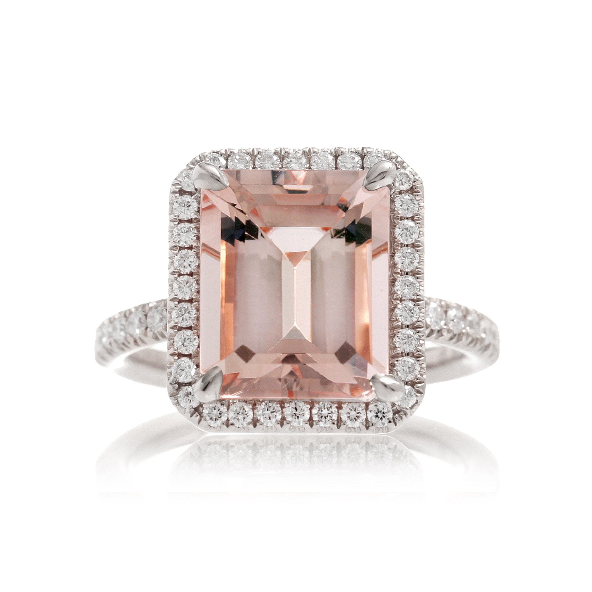 Morganite ring emerald cut diamond halo the Drenched white gold