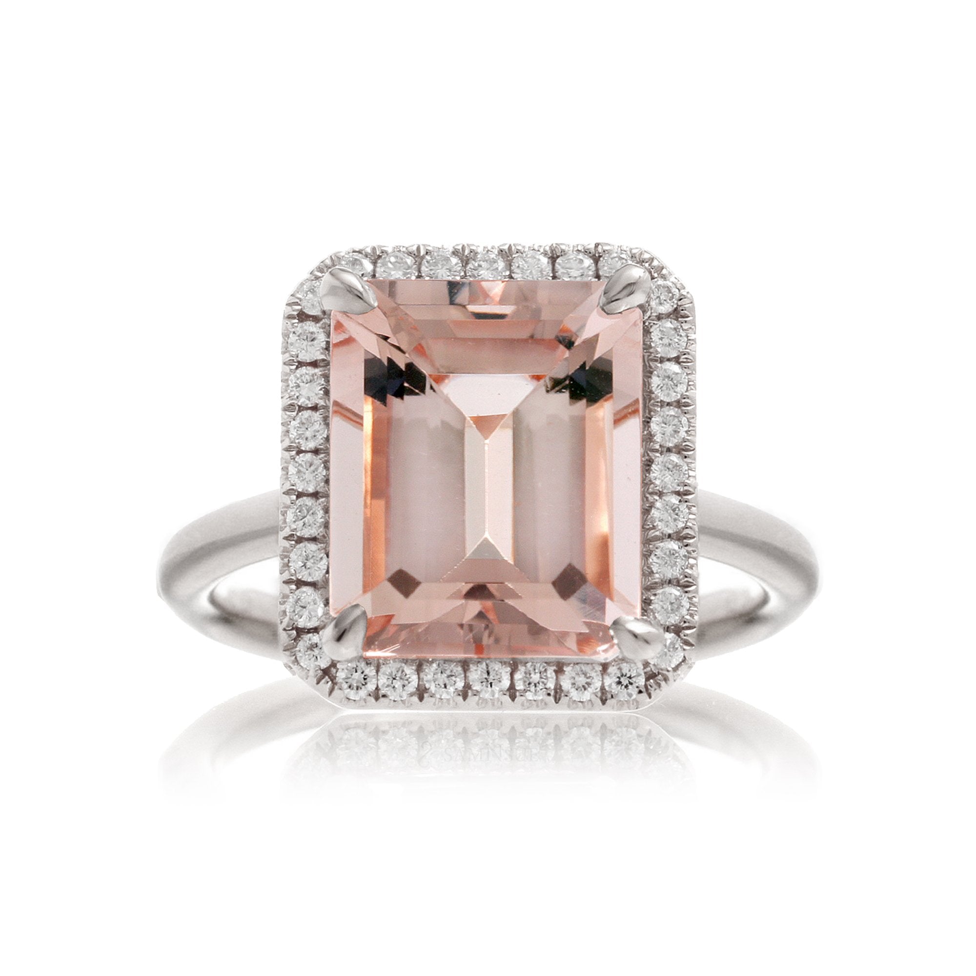 Morganite ring emerald cut diamond halo the Drenched white gold solid band