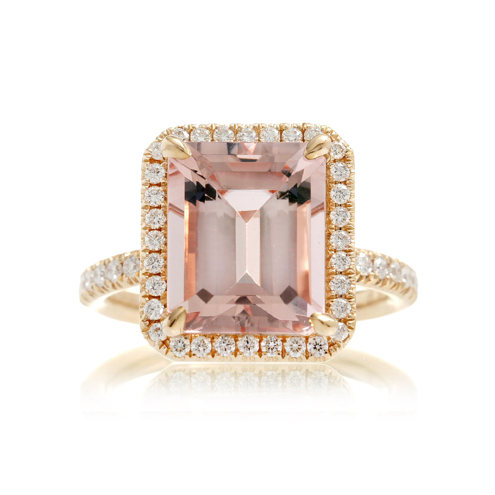 Morganite ring emerald cut diamond halo the Drenched yellow gold