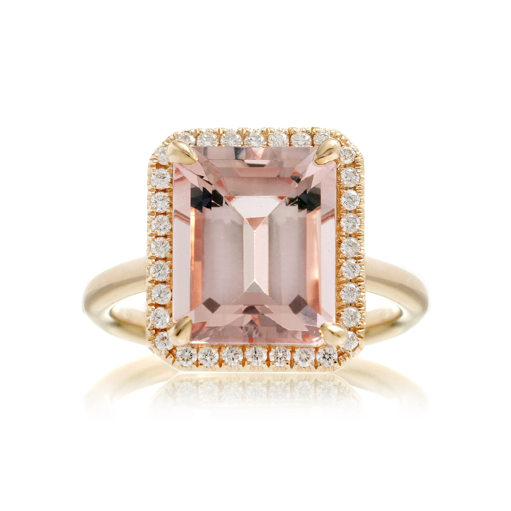 Morganite ring emerald cut diamond halo the Drenched yellow gold solid band