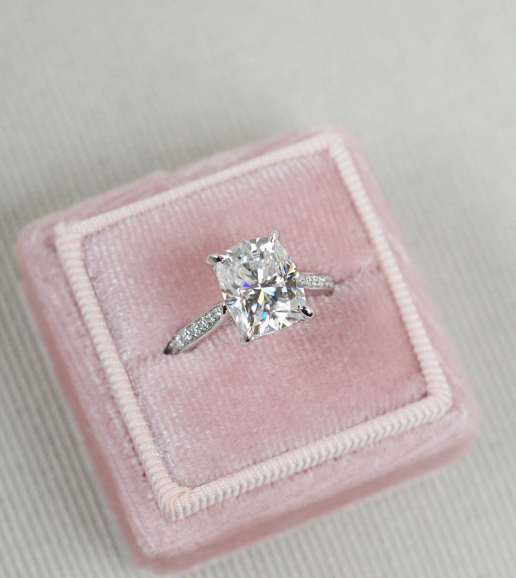 Cushion Moissanite Engagement Ring Cathedral Solitaire Diamond Accent