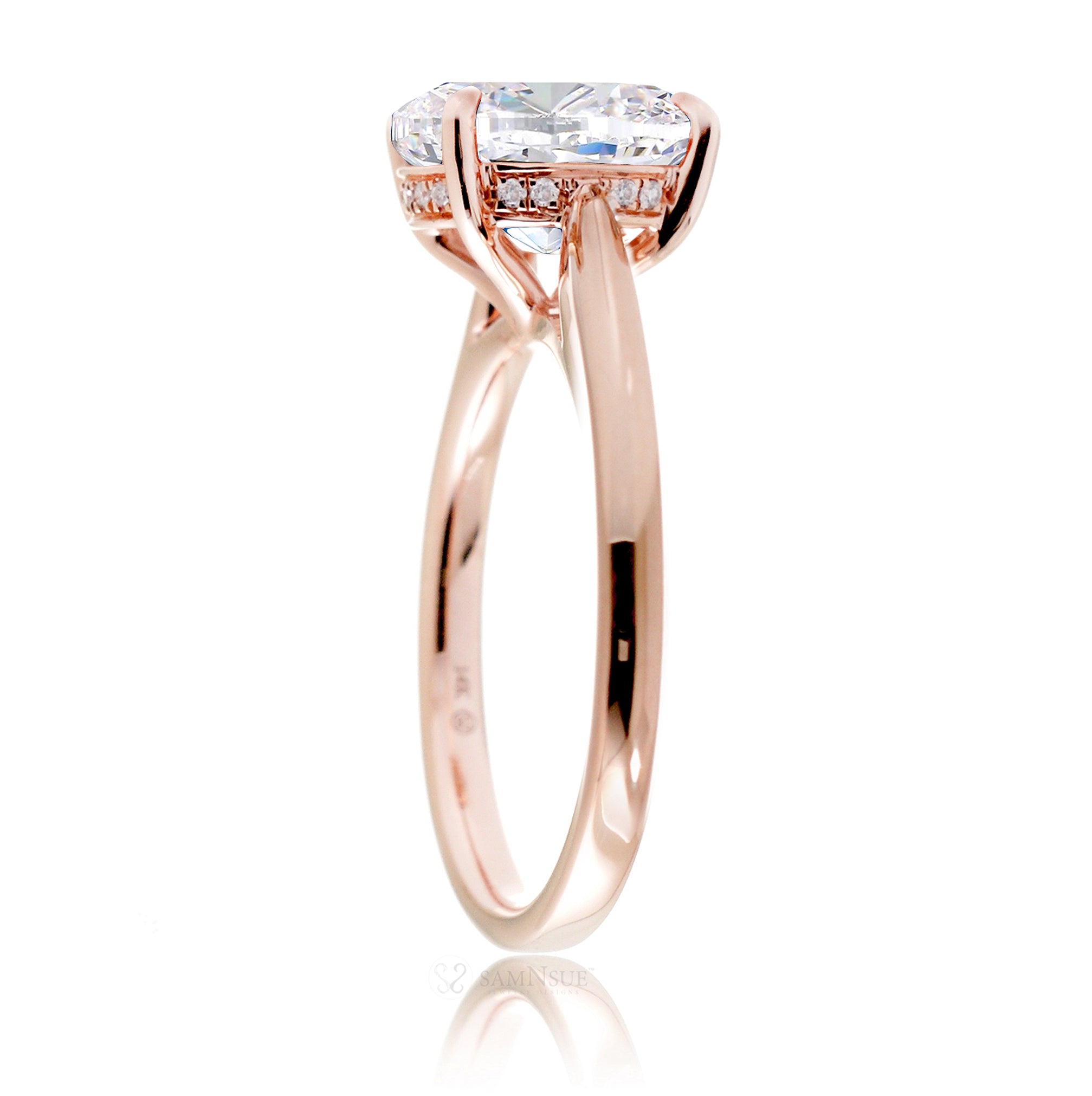 Solitaire diamond engagement ring with a solid band and hidden halo - the Emily in rose gold