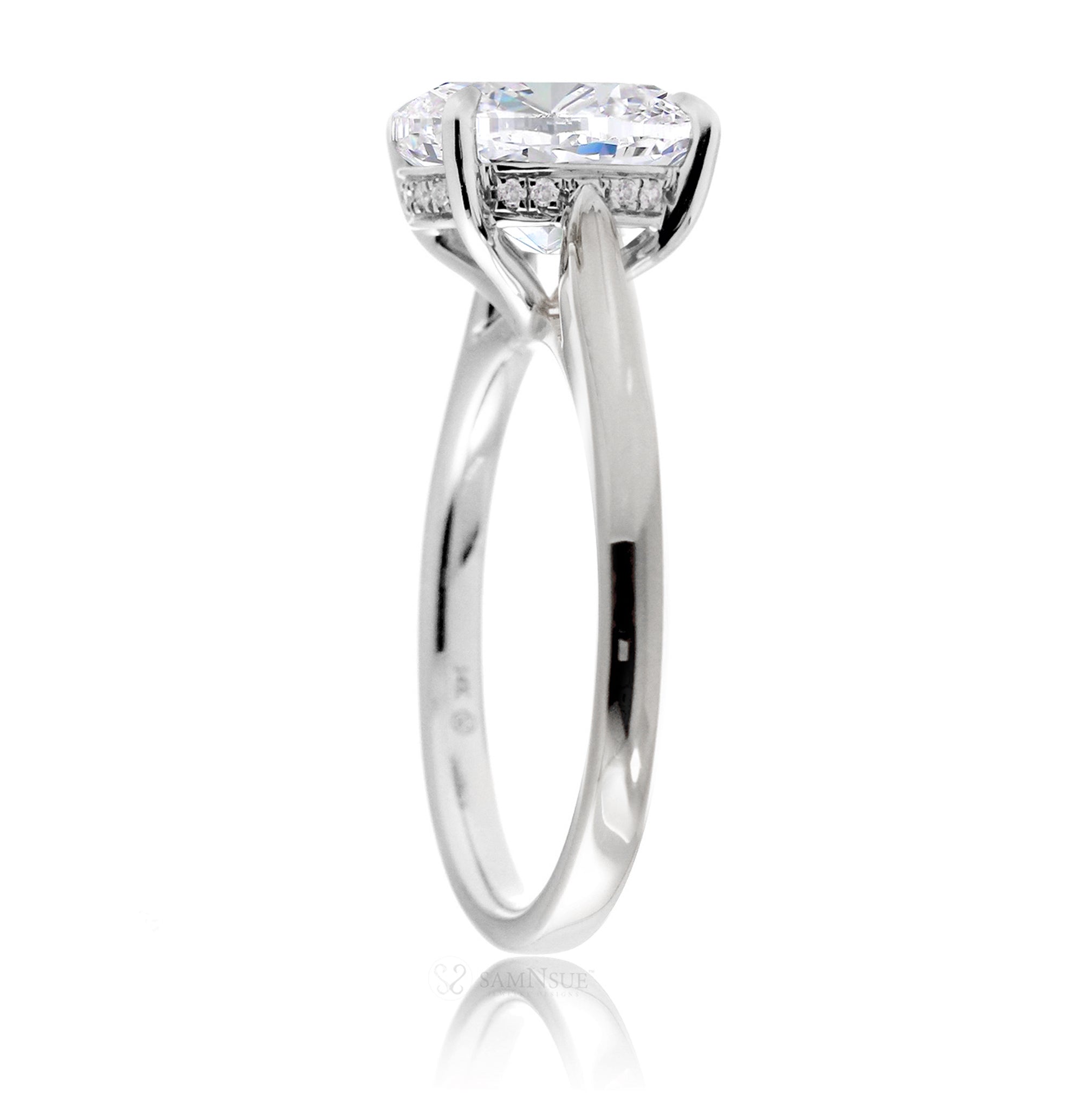 Solitaire diamond engagement ring with a solid band and hidden halo - the Emily in white gold