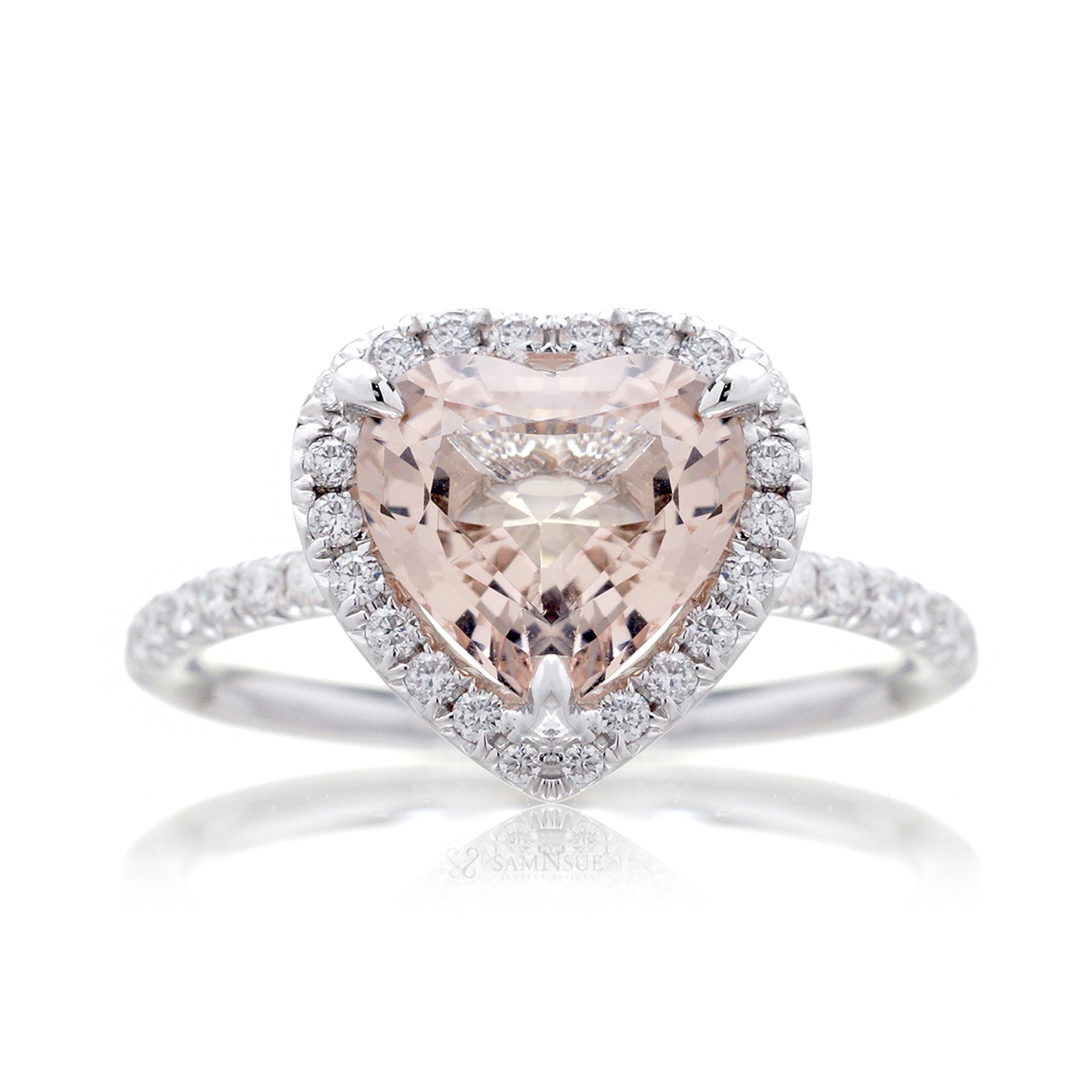 Heart morganite diamond halo engagement ring in white gold