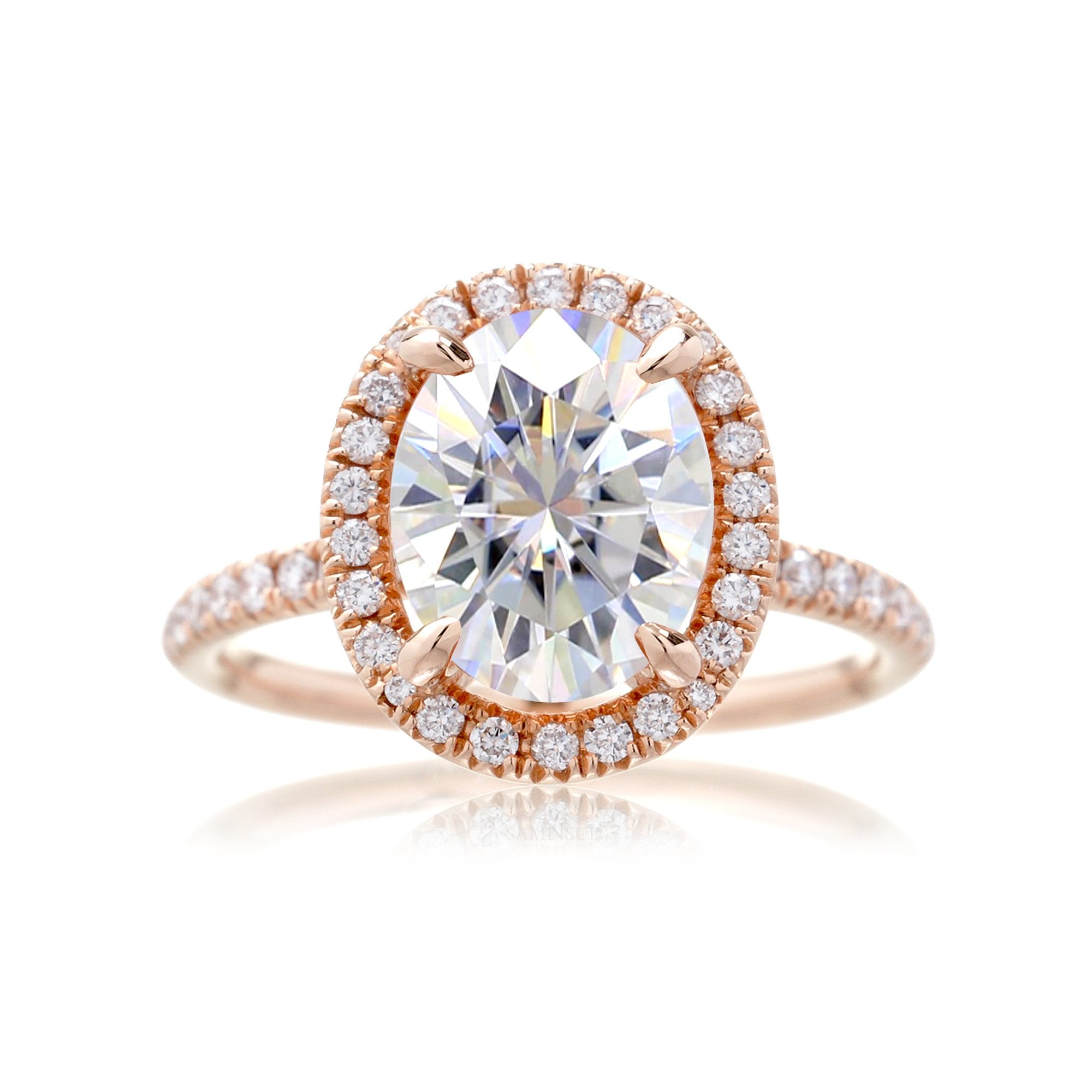 Oval moissanite cut engagement ring with diamond halo the Drenched rose gold