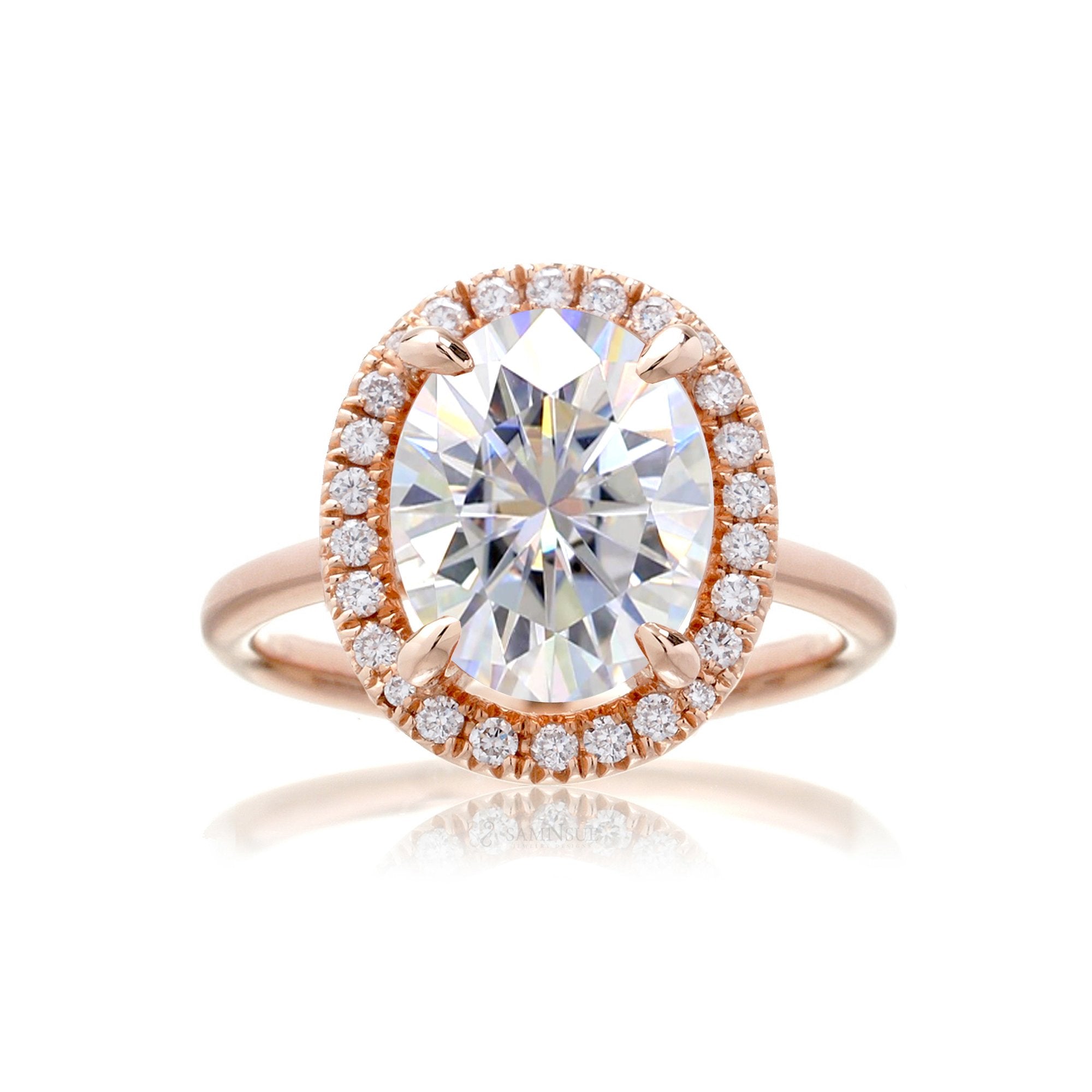 Oval moissanite cut engagement ring with diamond halo the Drenched rose gold solid band