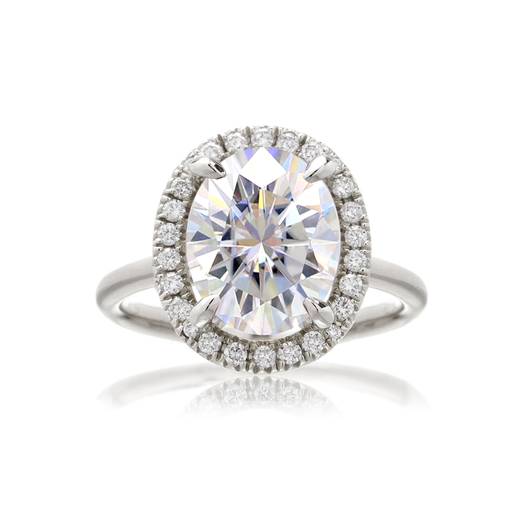 Oval moissanite cut engagement ring with diamond halo the Drenched white gold solid band