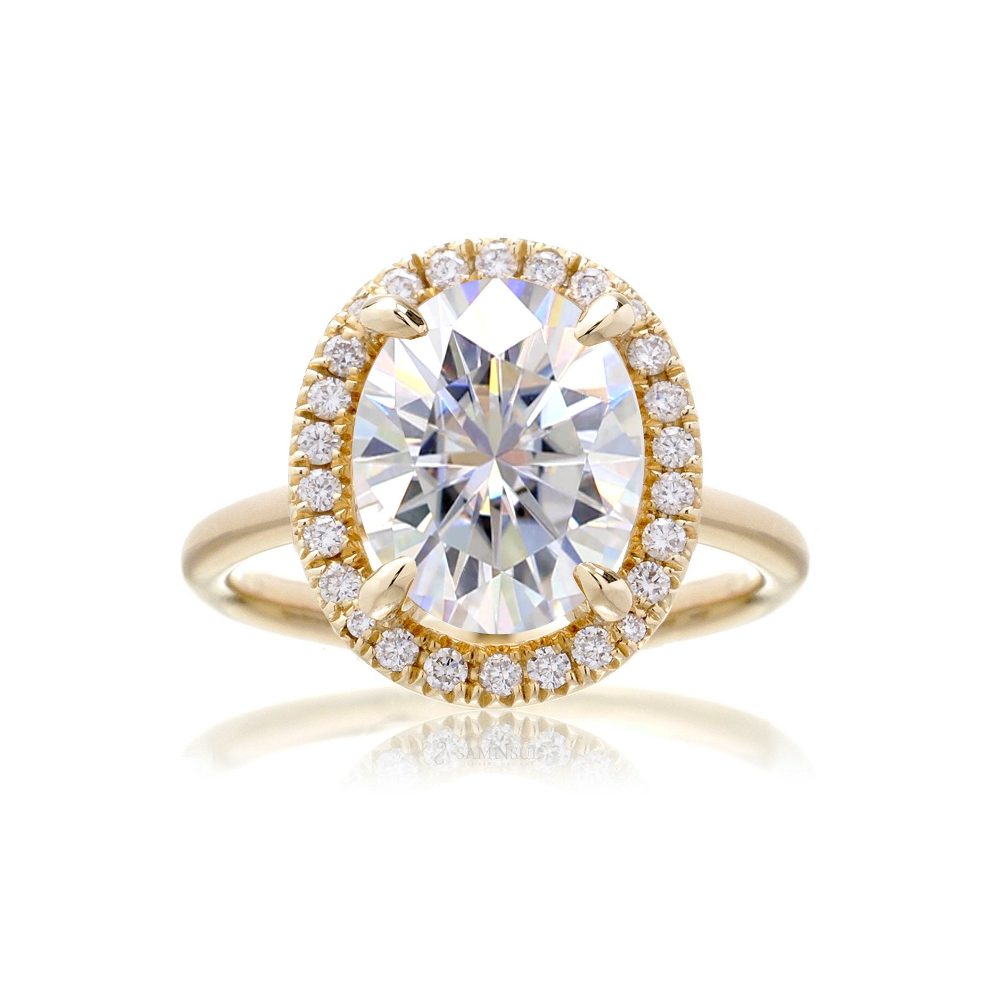 Oval moissanite cut engagement ring with diamond halo the Drenched yellow gold solid band