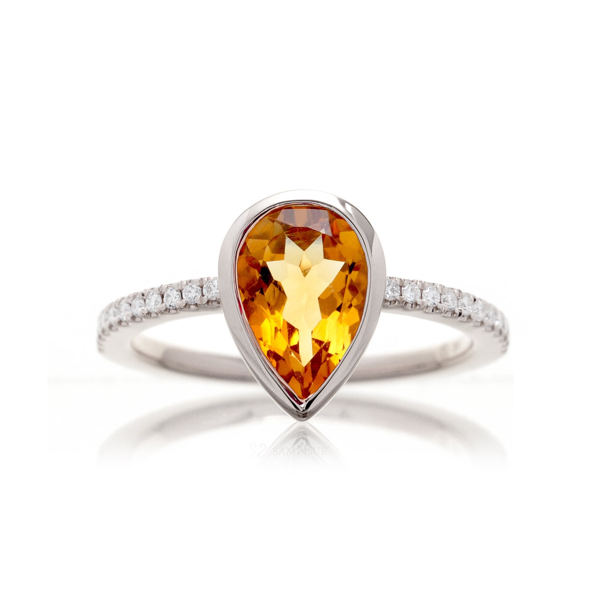 Pear Citrine Bezel-Set Engagement Ring | The Beverly In Platinum White Gold