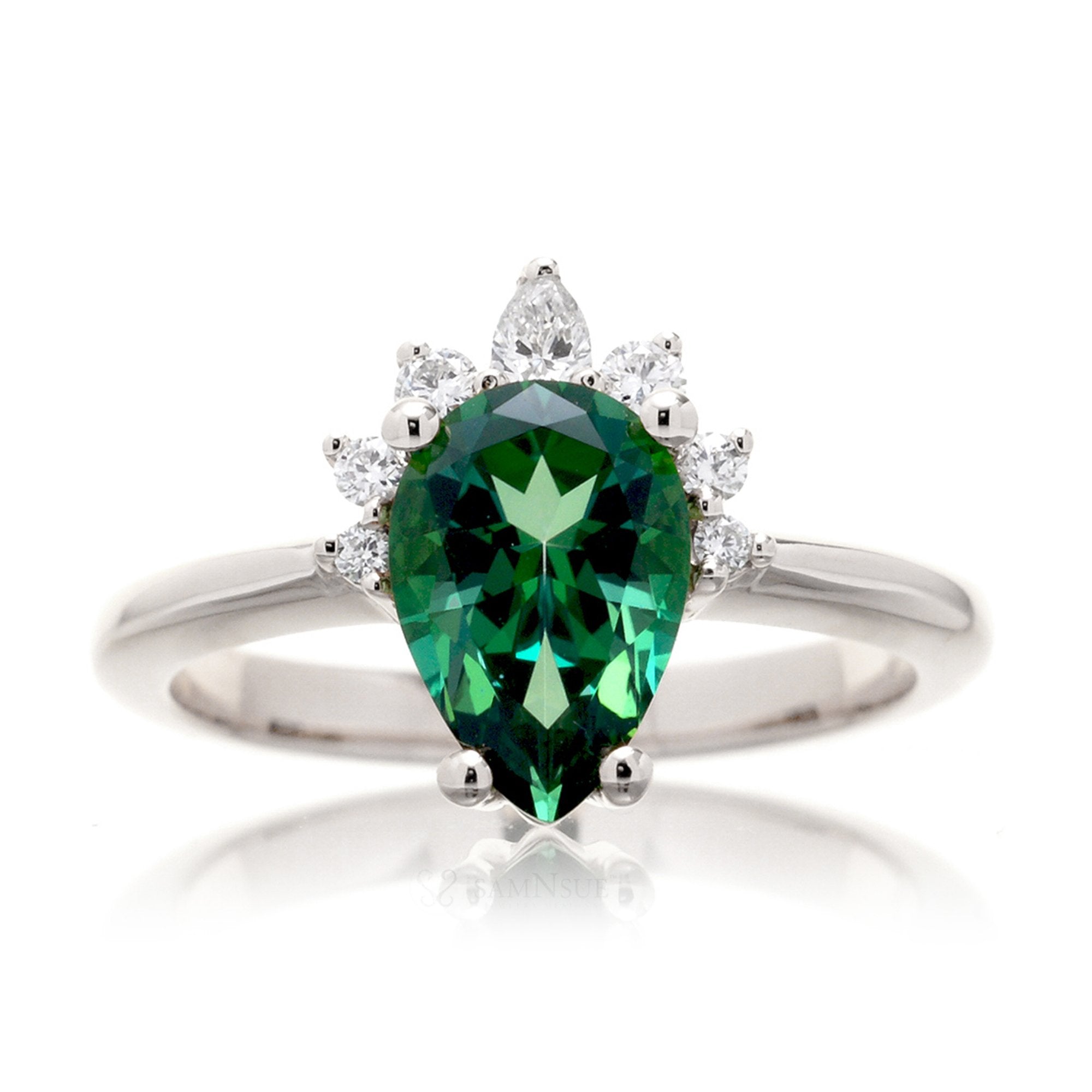 Green pear emerald half diamond halo ring - the Pacey white gold