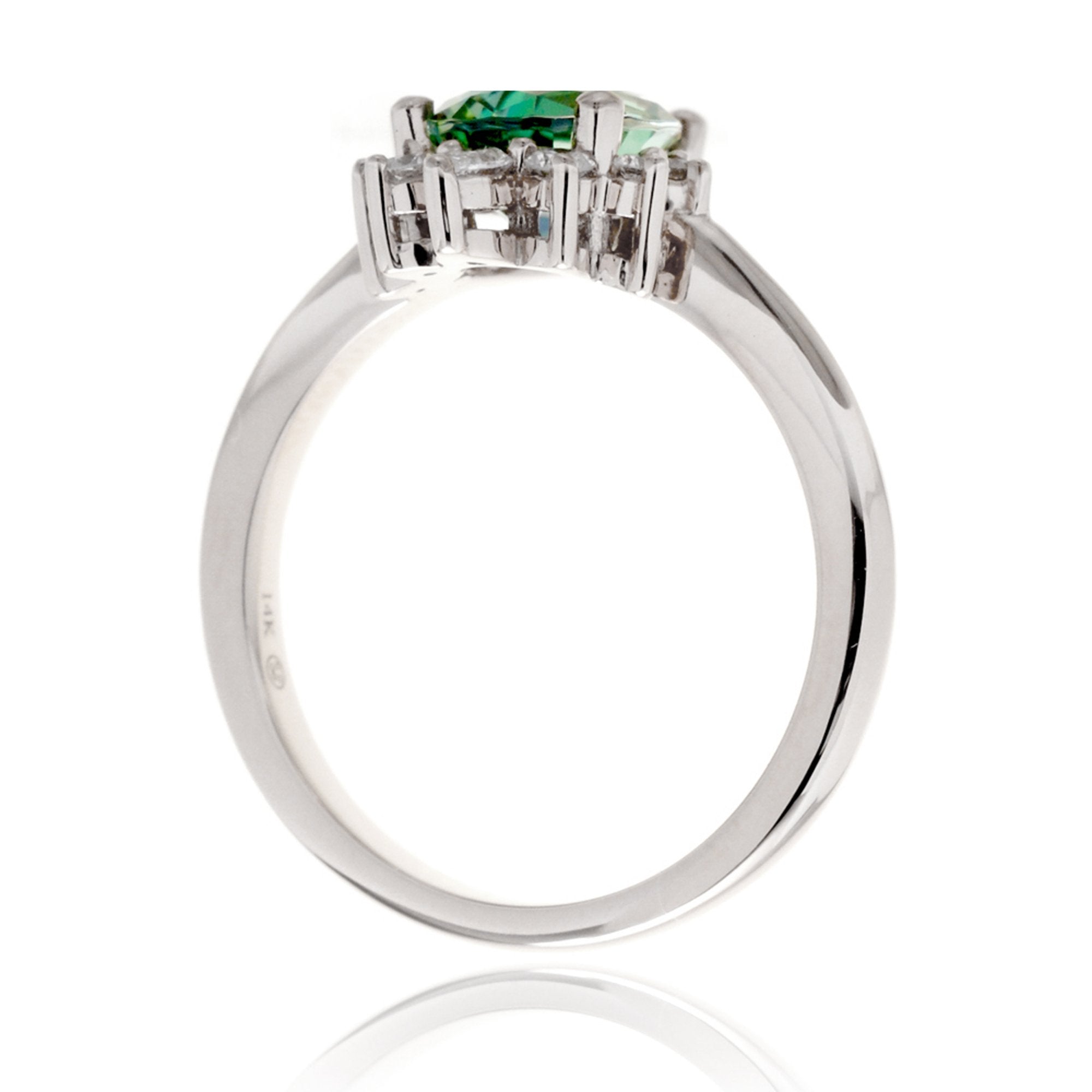 Green pear emerald half diamond halo ring - the Pacey white gold