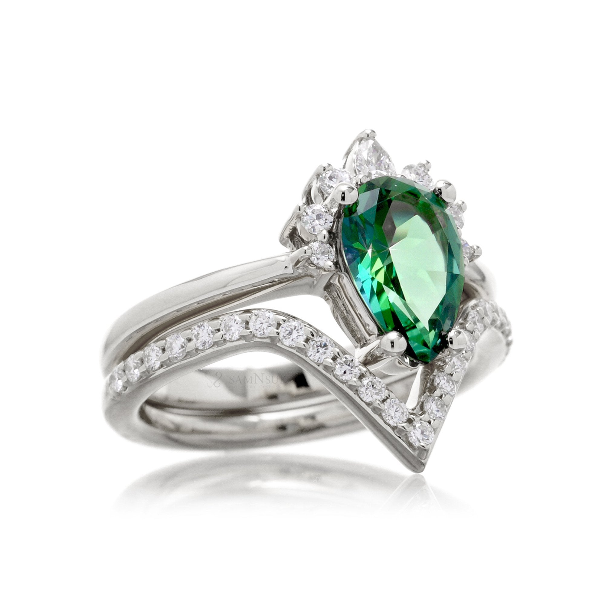 Green pear emerald half diamond halo ring - the Pacey white gold