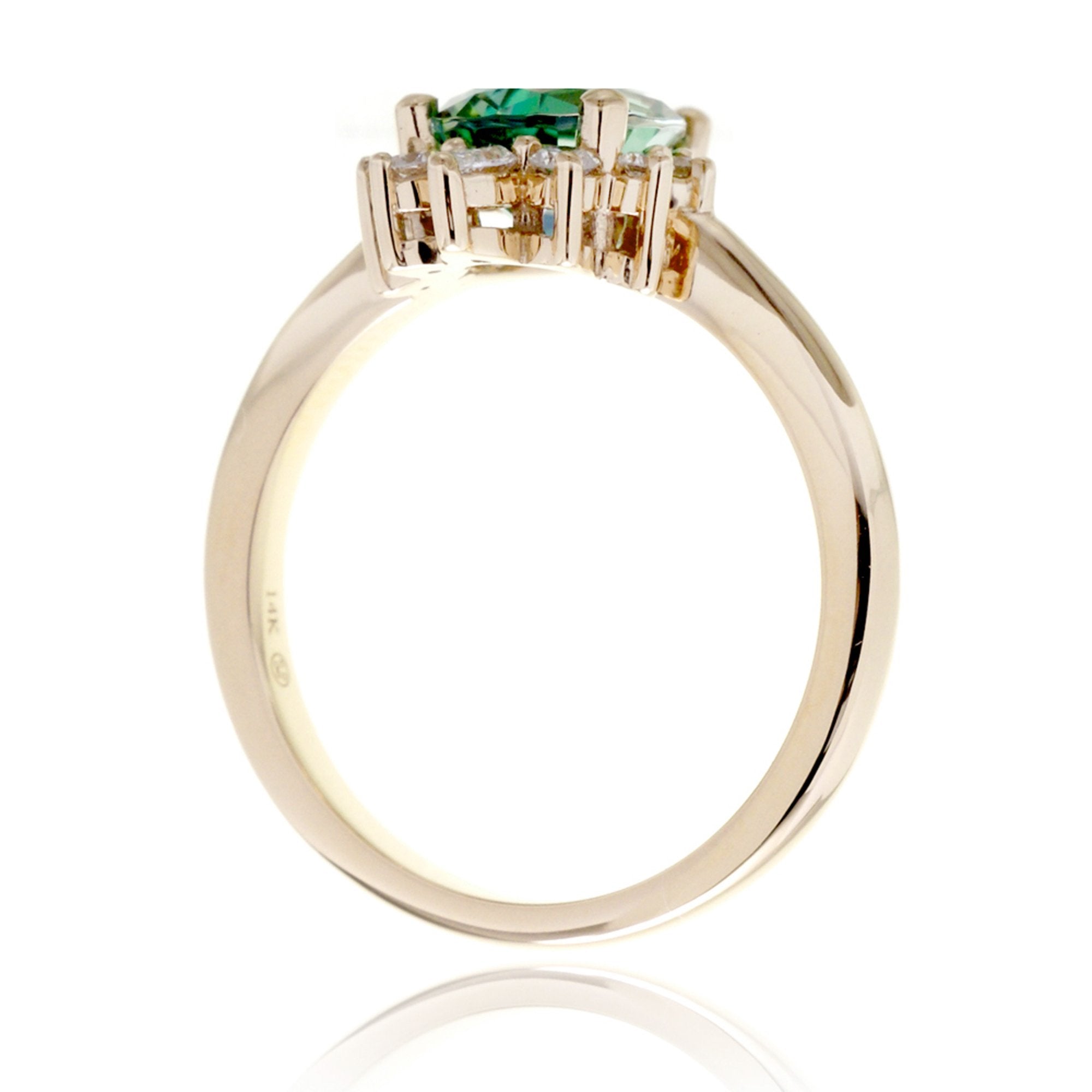 Green pear emerald half diamond halo ring - the Pacey yellow gold