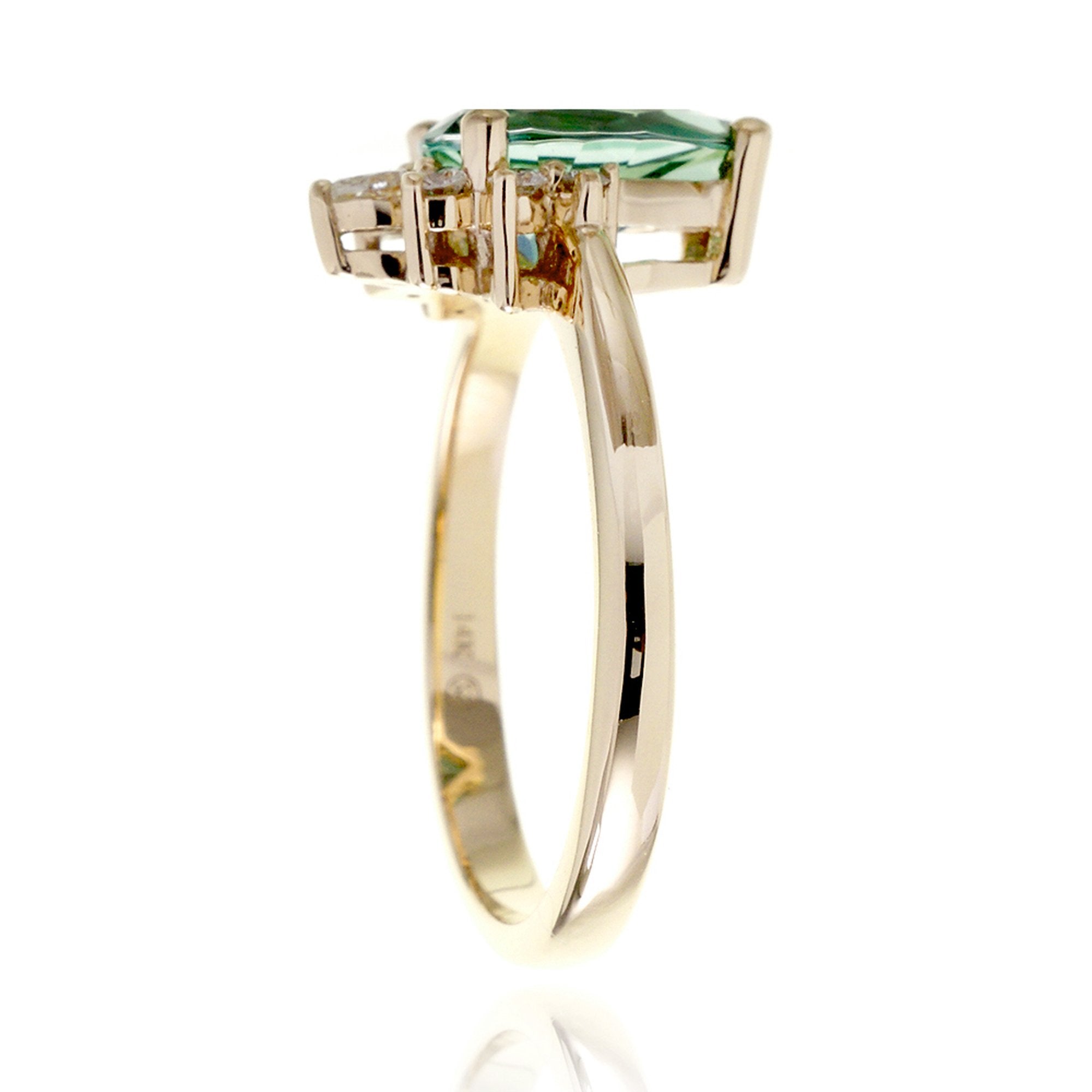 Green pear emerald half diamond halo ring - the Pacey yellow gold