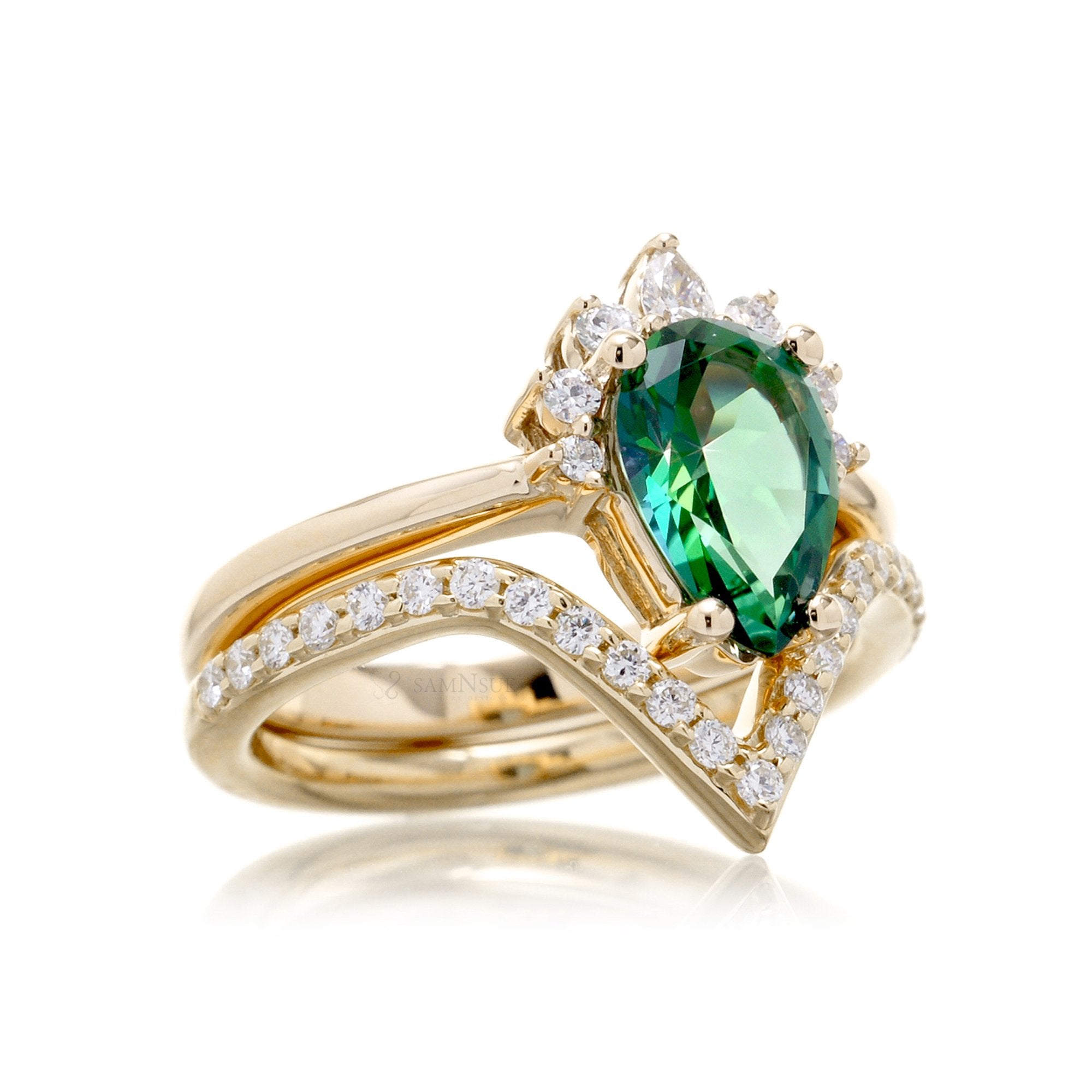 Green pear emerald half diamond halo ring - the Pacey yellow gold