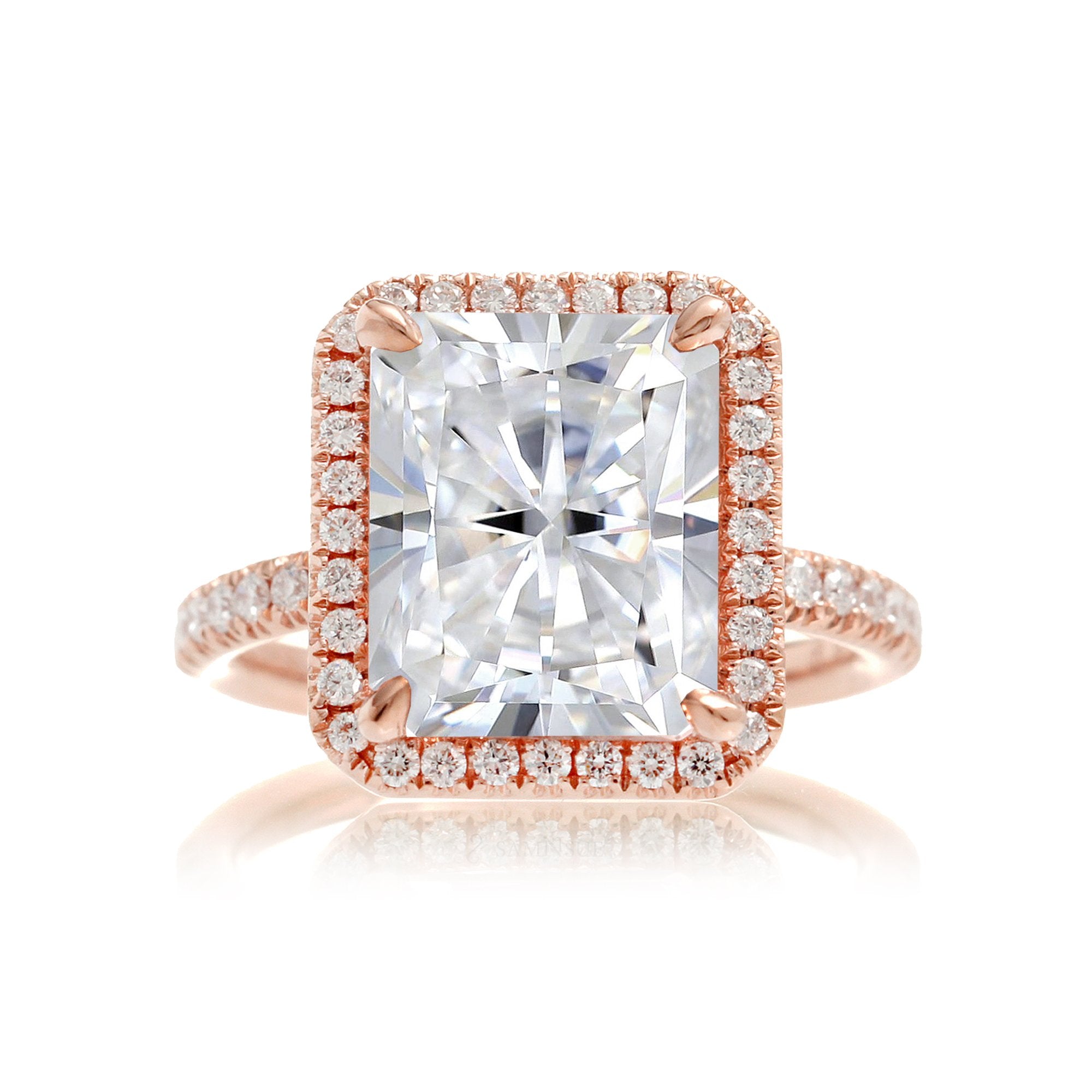 Radiant cut moissanite engagement ring with diamond halo the Drenched rose gold